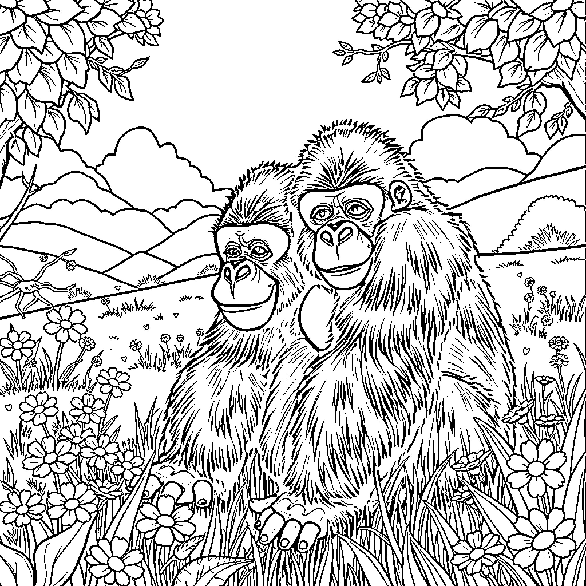 Gorilla couple enjoying nature's beauty Coloring Page (free black-and-white line drawing printable PDF for all, from beginners to advanced learners, including children, teens, adults, and seniors)