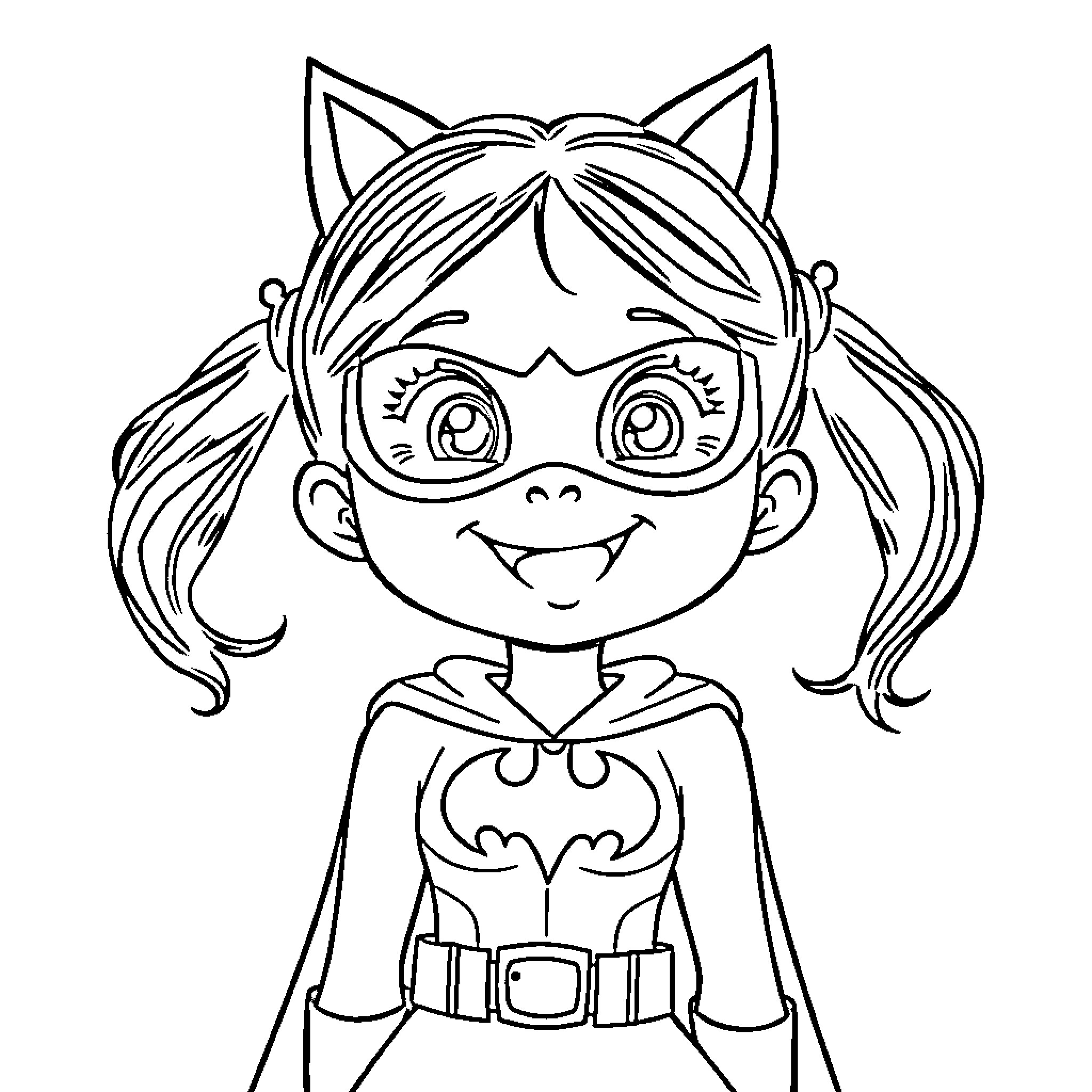 Bat Girl cheerfully in her costume Coloring Page (free black-and-white line drawing printable PDF for all, from beginners to advanced learners, including children, teens, adults, and seniors)