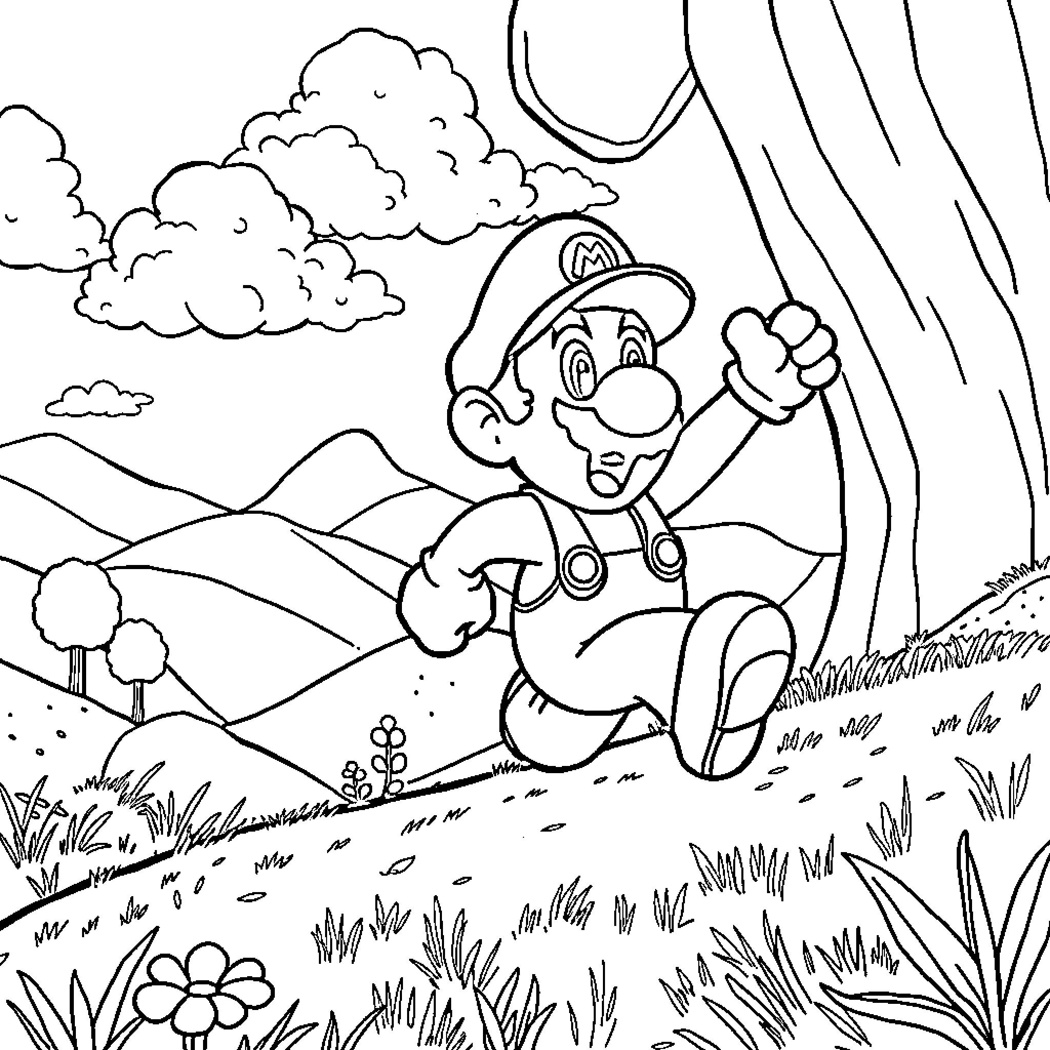 Super Mario's Joyful Adventure in the Vibrant Outdoors Coloring Page (free black-and-white line drawing printable PDF for all, from beginners to advanced learners, including children, teens, adults, and seniors)