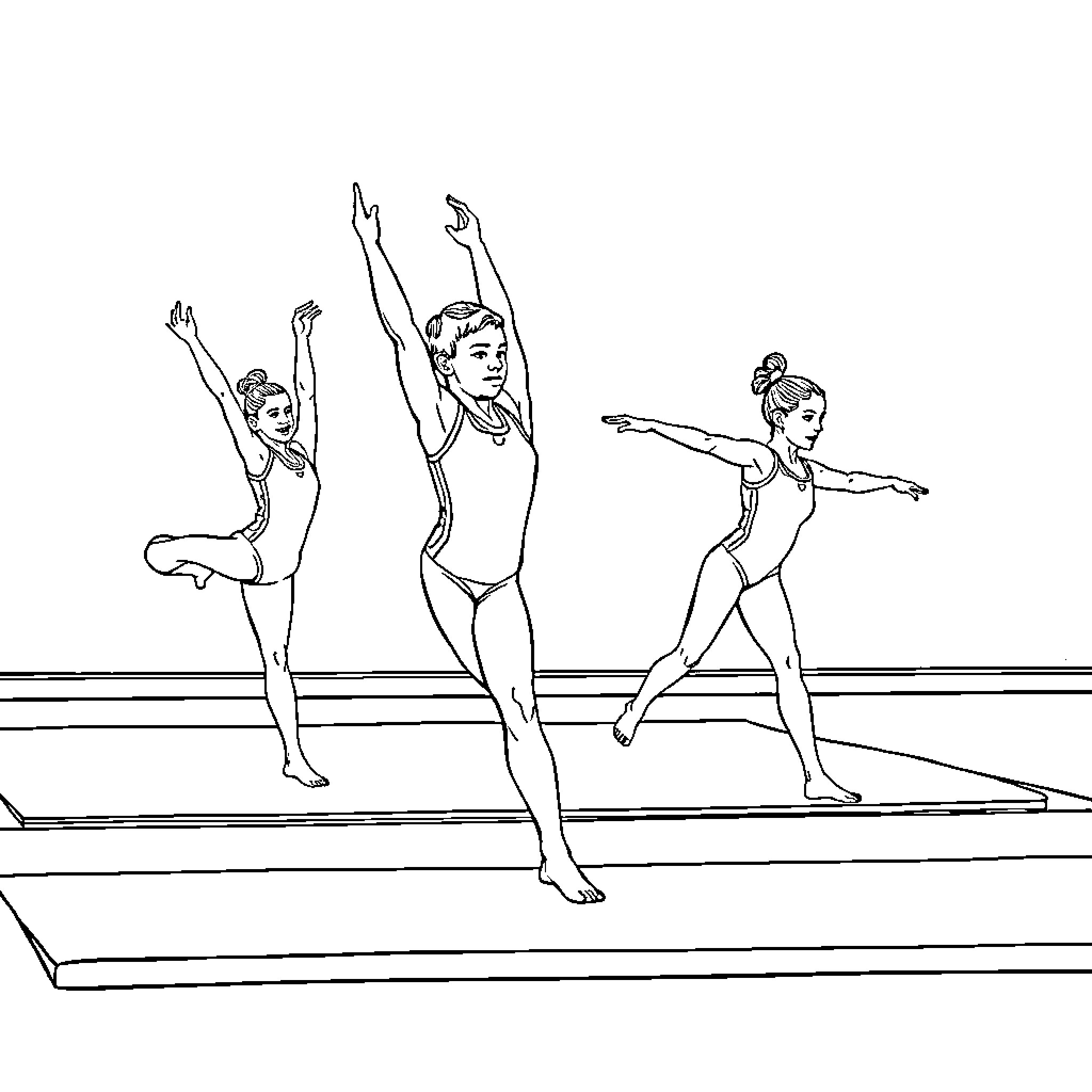 Gymnasts performing acrobatic routines on stage Coloring Page (free black-and-white line drawing printable PDF for all, from beginners to advanced learners, including children, teens, adults, and seniors)