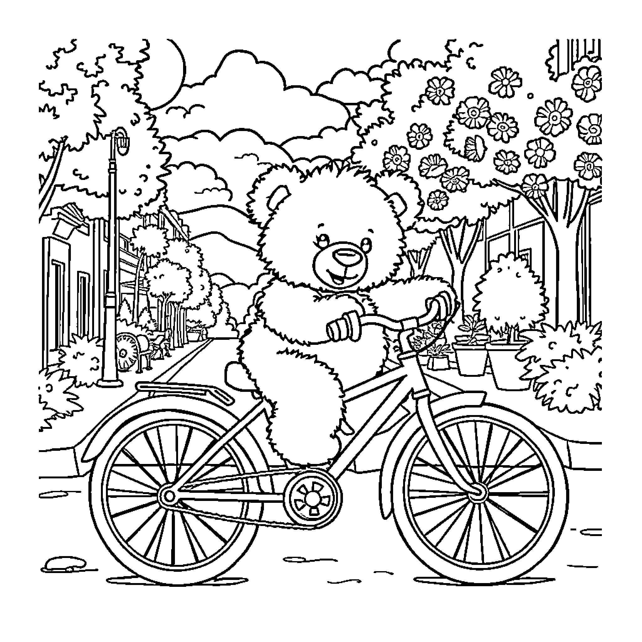 Teddy Bear riding a bicycle in the countryside Coloring Page (free black-and-white line drawing printable PDF for all, from beginners to advanced learners, including children, teens, adults, and seniors)