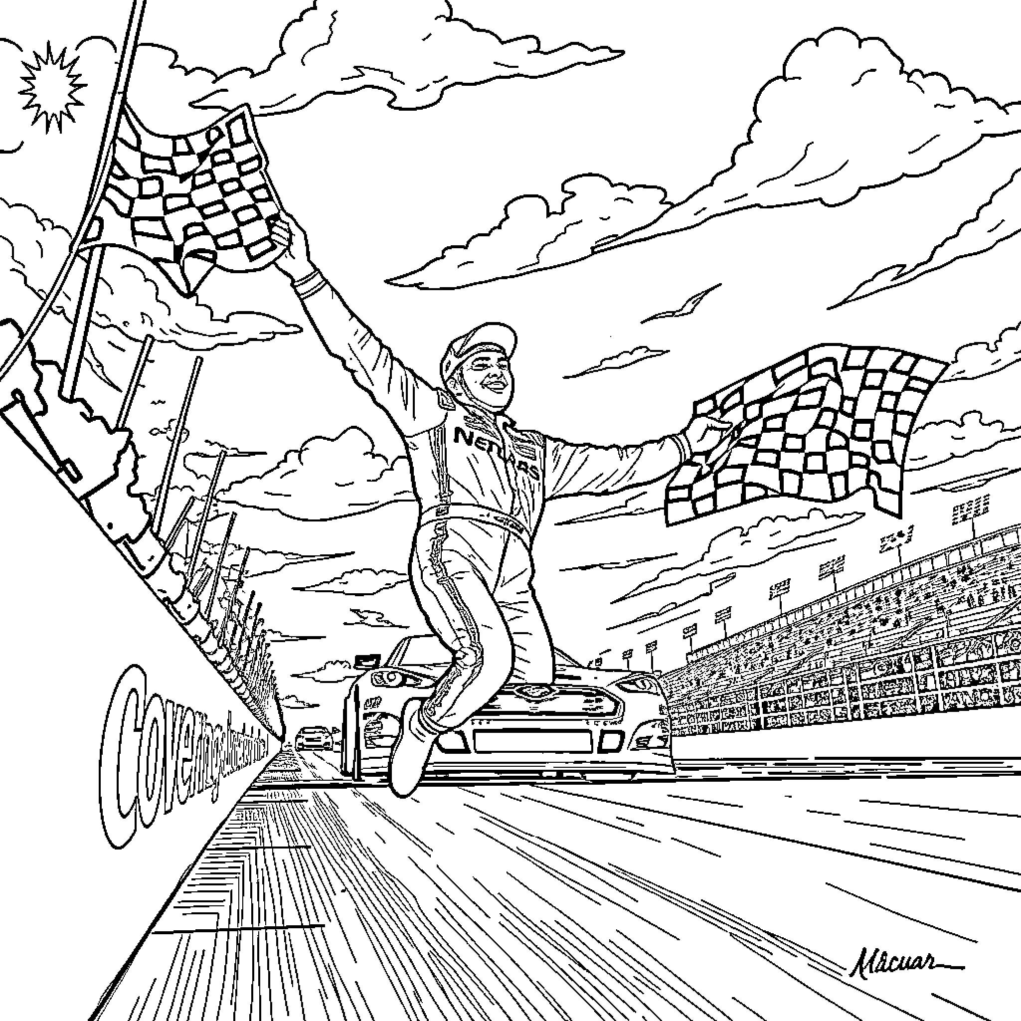 Chase Elliott racing on the track with excitement Coloring Page (free black-and-white line drawing printable PDF for all, from beginners to advanced learners, including children, teens, adults, and seniors)