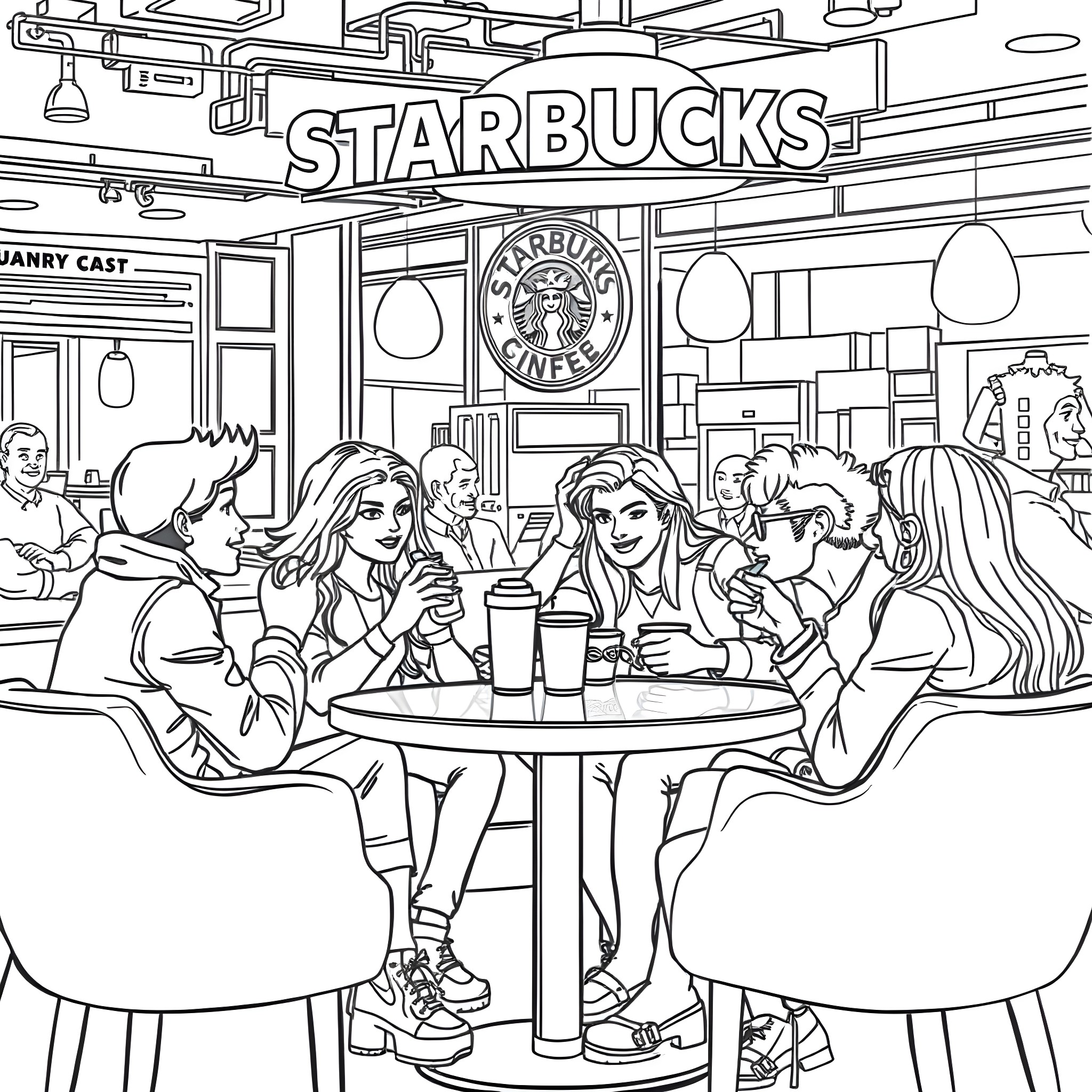 Fourth Wing: Group of Friends Socializing in Starbucks Coloring Page (free black-and-white line drawing printable PDF for all, from beginners to advanced learners, including children, teens, adults, and seniors)