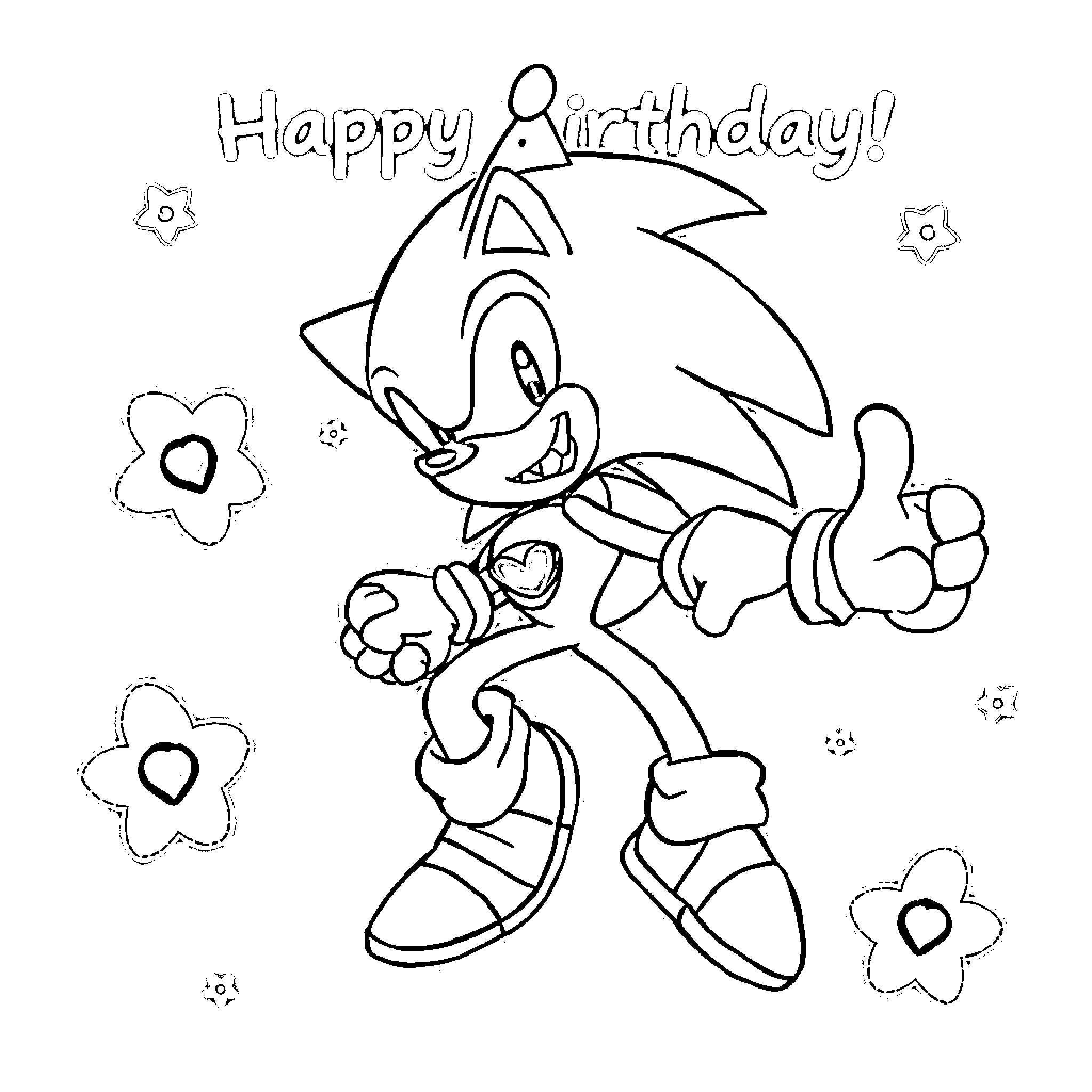 Sonic Celebrating Happy Birthday with Flowers Coloring Page (free black-and-white line drawing printable PDF for all, from beginners to advanced learners, including children, teens, adults, and seniors)