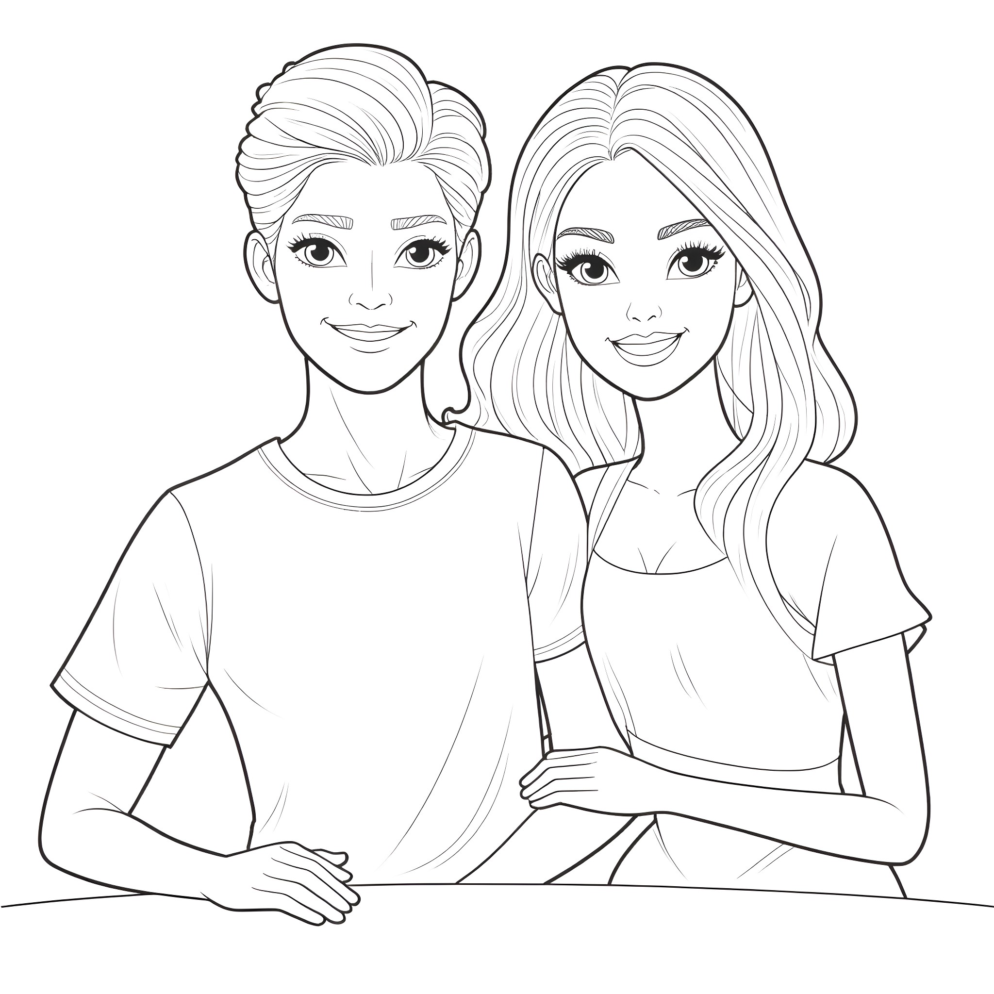 Barbie and Ken posing together with friendly expressions Coloring Page (free black-and-white line drawing printable PDF for all, from beginners to advanced learners, including children, teens, adults, and seniors)