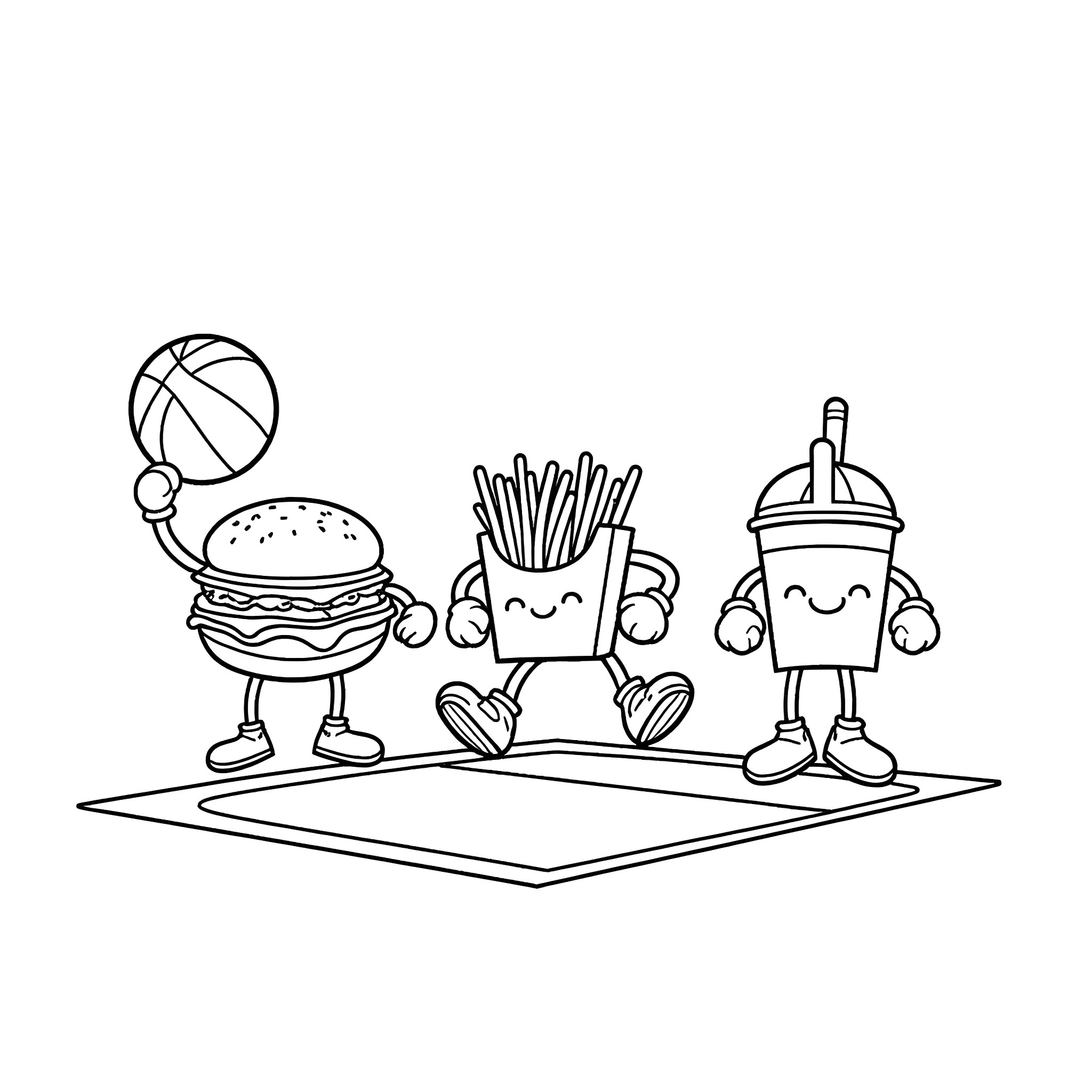 Fast Food Mascot Enjoying Outdoor Activities Coloring Page (free black-and-white line drawing printable PDF for all, from beginners to advanced learners, including children, teens, adults, and seniors)