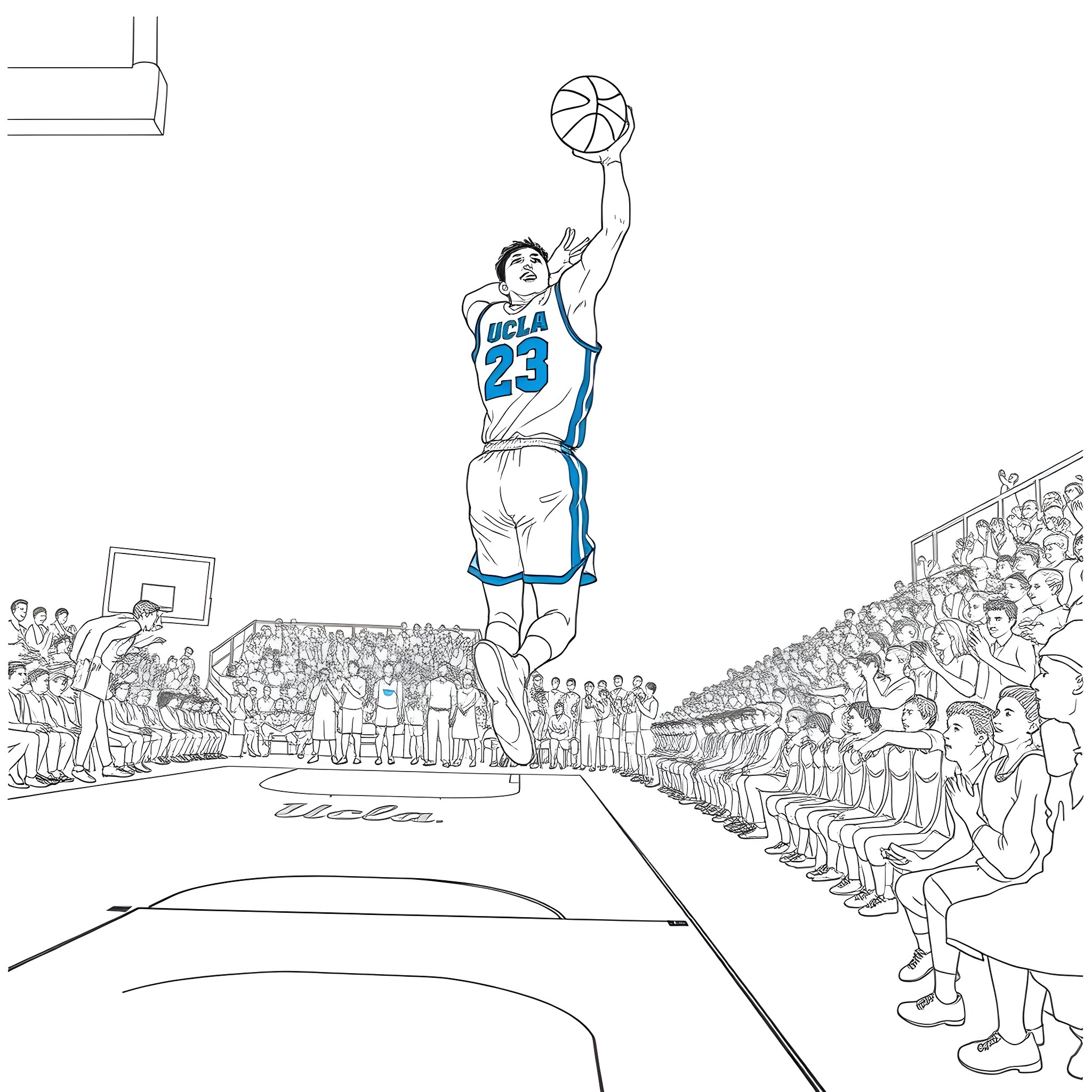 Basketball Player Dunking on the Court Coloring Page (free black-and-white line drawing printable PDF for all, from beginners to advanced learners, including children, teens, adults, and seniors)