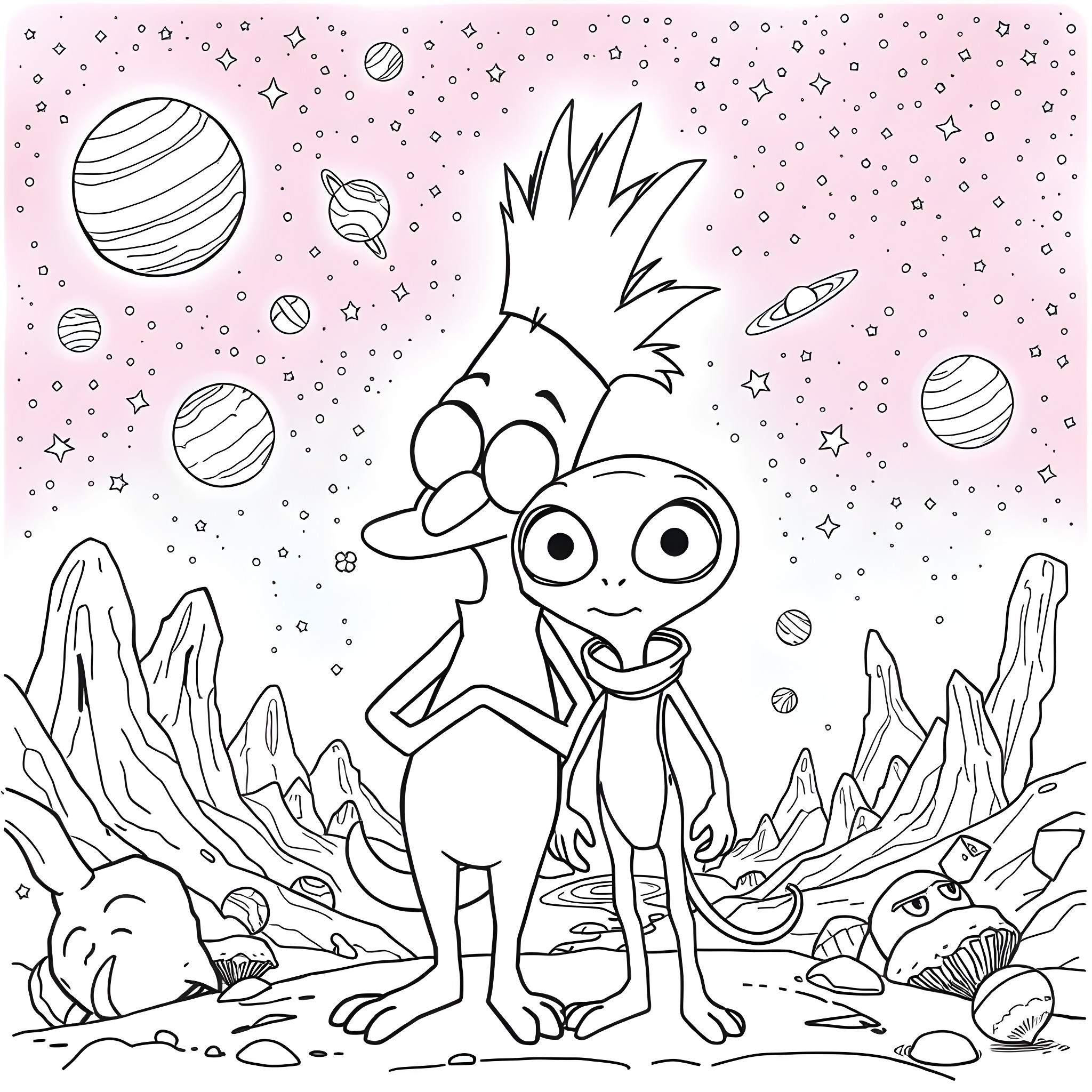 Mordecai the Alien Exploring the Cosmic Landscape Coloring Page (free black-and-white line drawing printable PDF for all, from beginners to advanced learners, including children, teens, adults, and seniors)