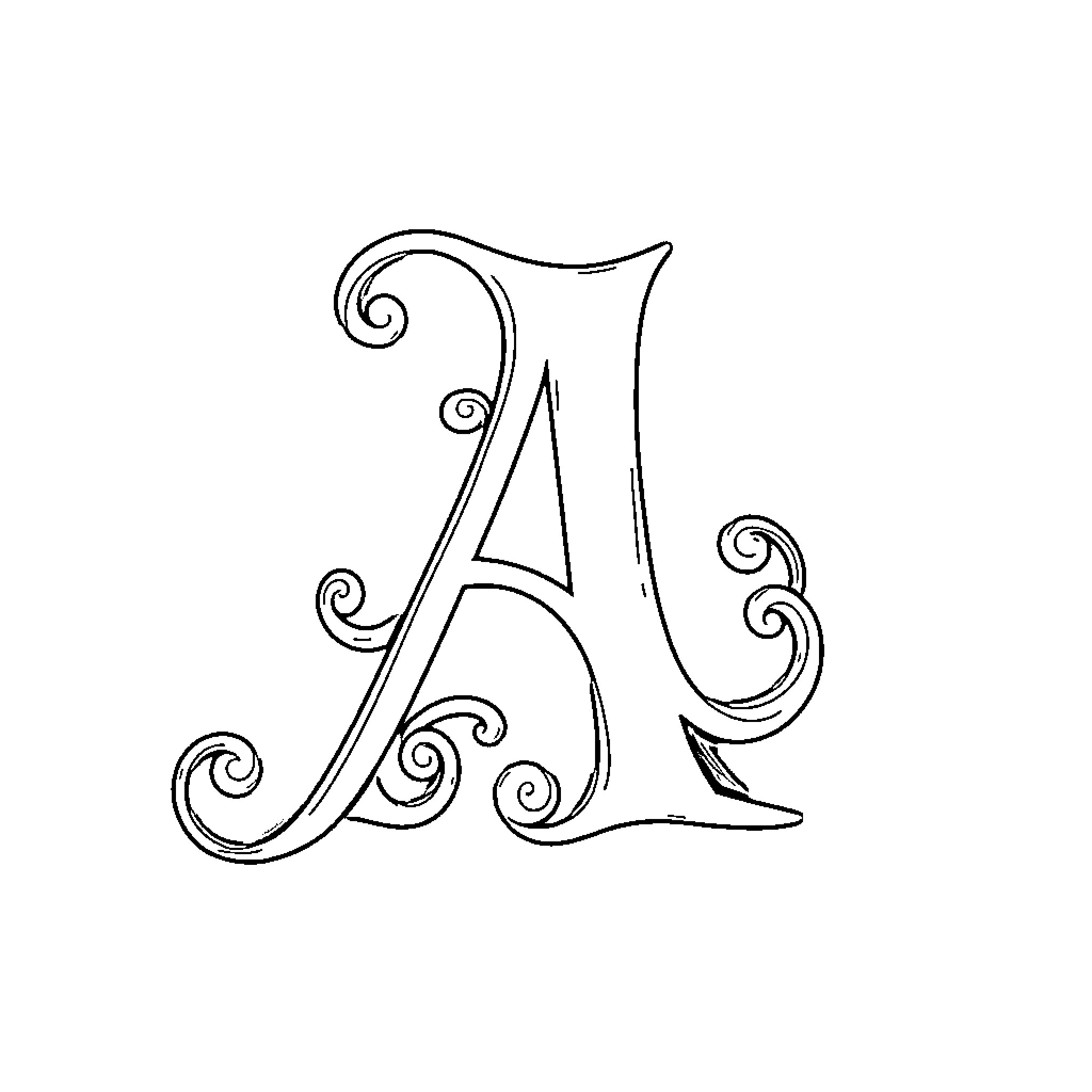 Letter A with Ornate Swirling Design Coloring Page (free black-and-white line drawing printable PDF for all, from beginners to advanced learners, including children, teens, adults, and seniors)