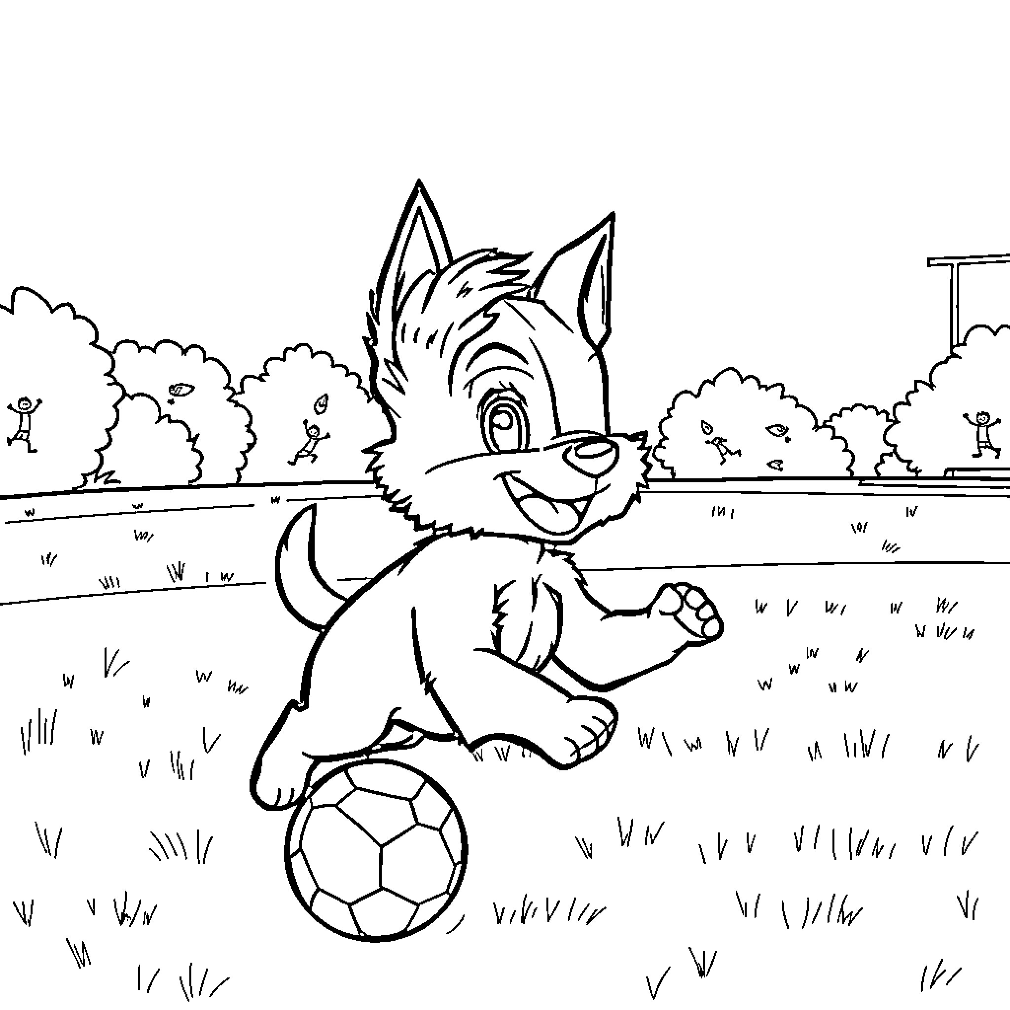 Perro jugando con pelota en el parque Coloring Page (free black-and-white line drawing printable PDF for all, from beginners to advanced learners, including children, teens, adults, and seniors)