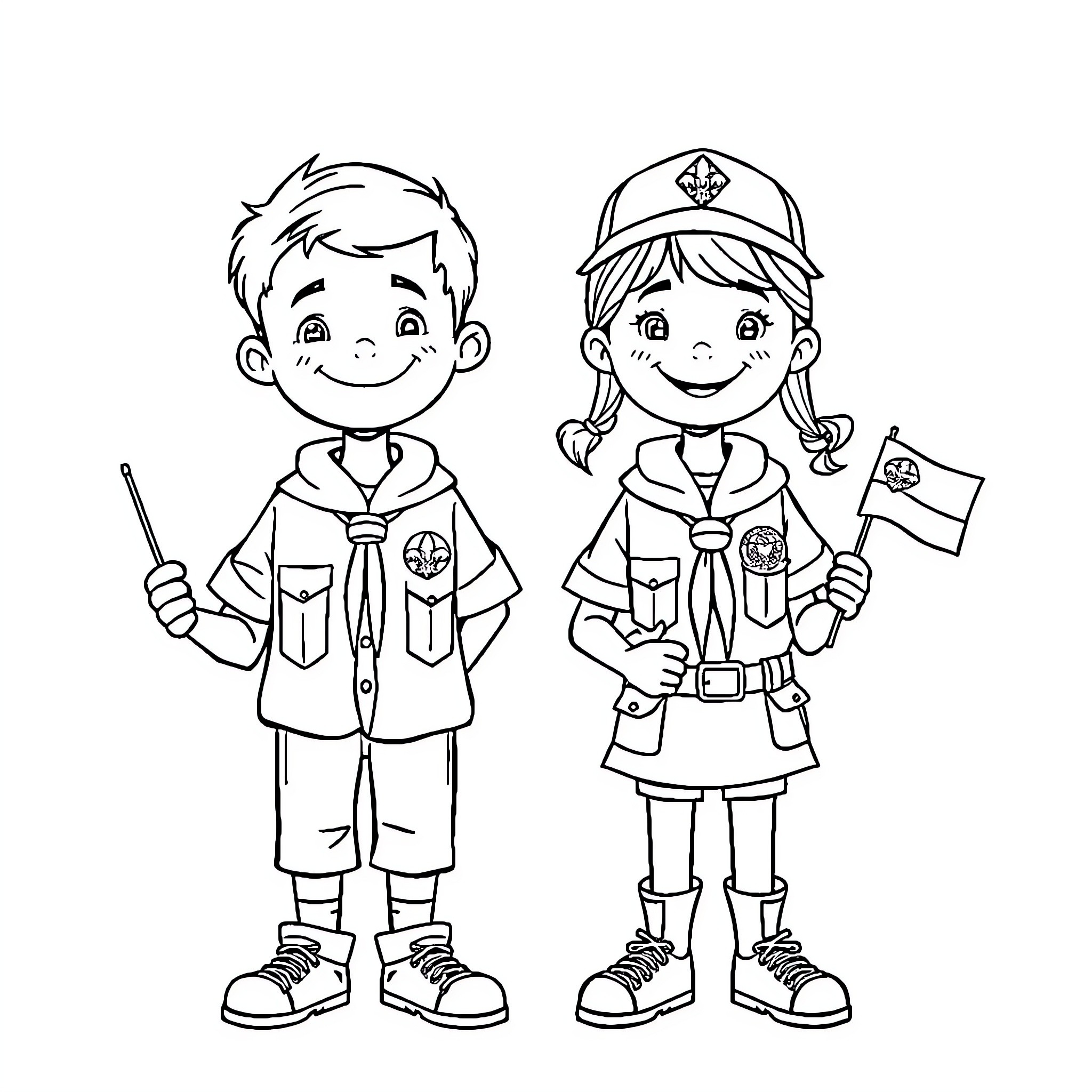 Scout kids in uniform posing happily Coloring Page (free black-and-white line drawing printable PDF for all, from beginners to advanced learners, including children, teens, adults, and seniors)