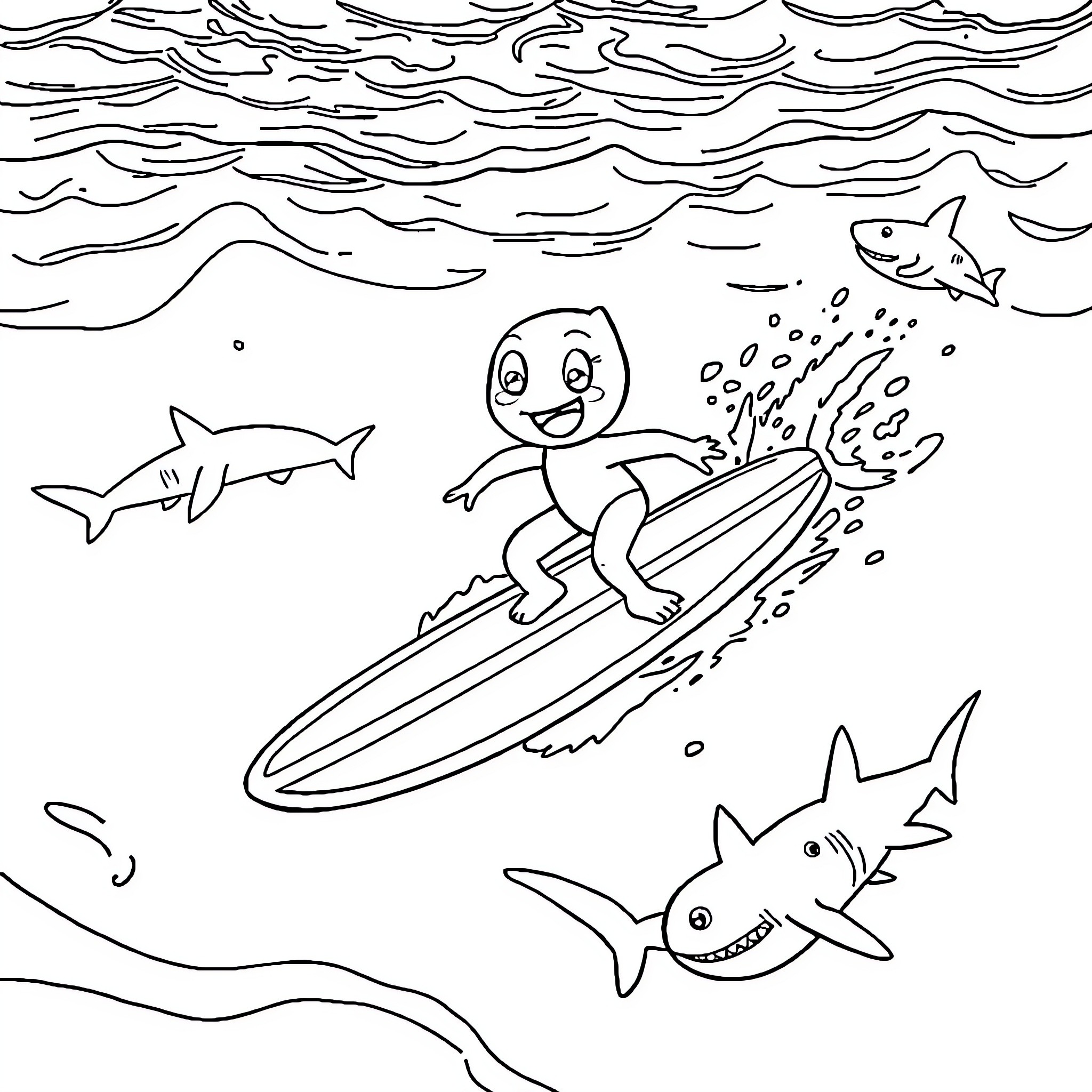 Bluey surfing with sharks in the ocean Coloring Page (free black-and-white line drawing printable PDF for all, from beginners to advanced learners, including children, teens, adults, and seniors)