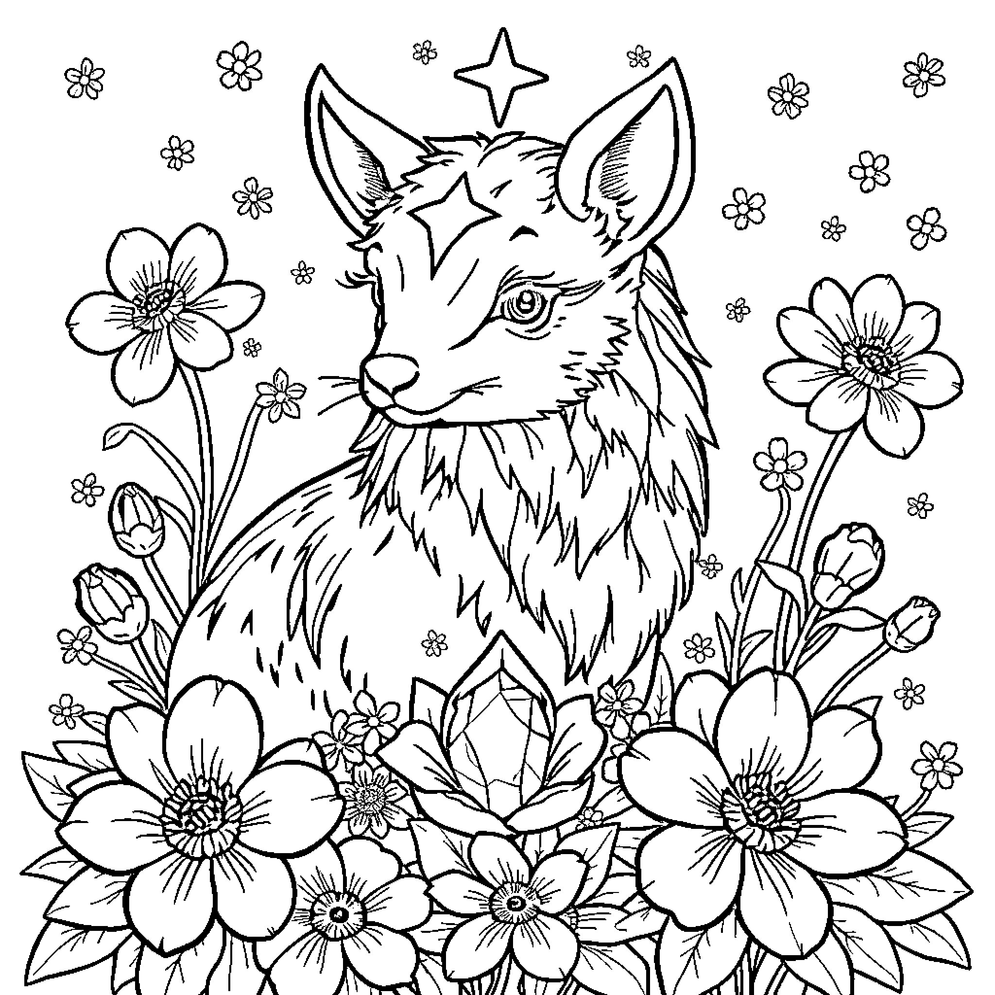 Astrology fox surrounded by floral patterns Coloring Page (free black-and-white line drawing printable PDF for all, from beginners to advanced learners, including children, teens, adults, and seniors)