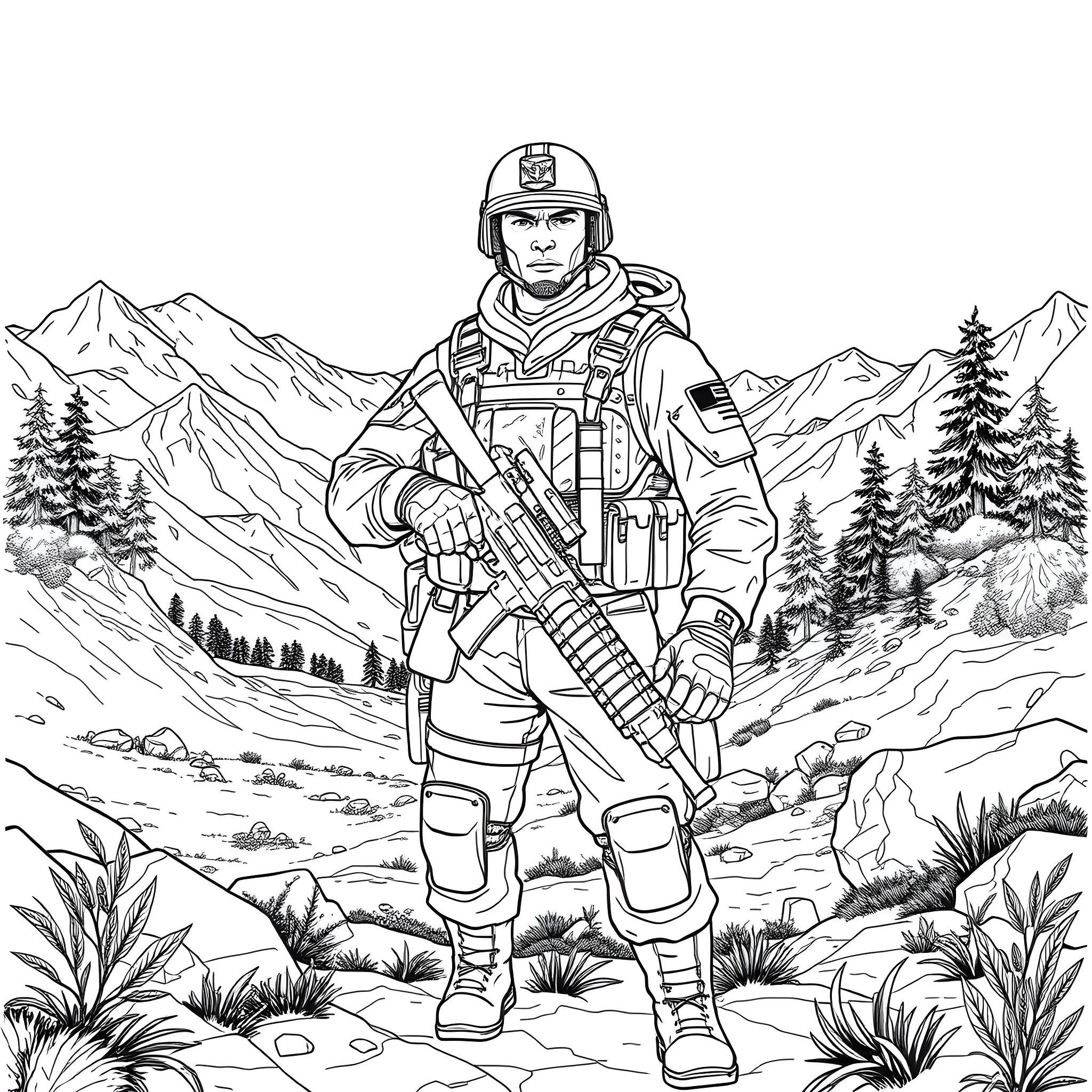 Soldier in winter combat gear standing in snowy mountain landscape Coloring Page (free black-and-white line drawing printable PDF for all, from beginners to advanced learners, including children, teens, adults, and seniors)