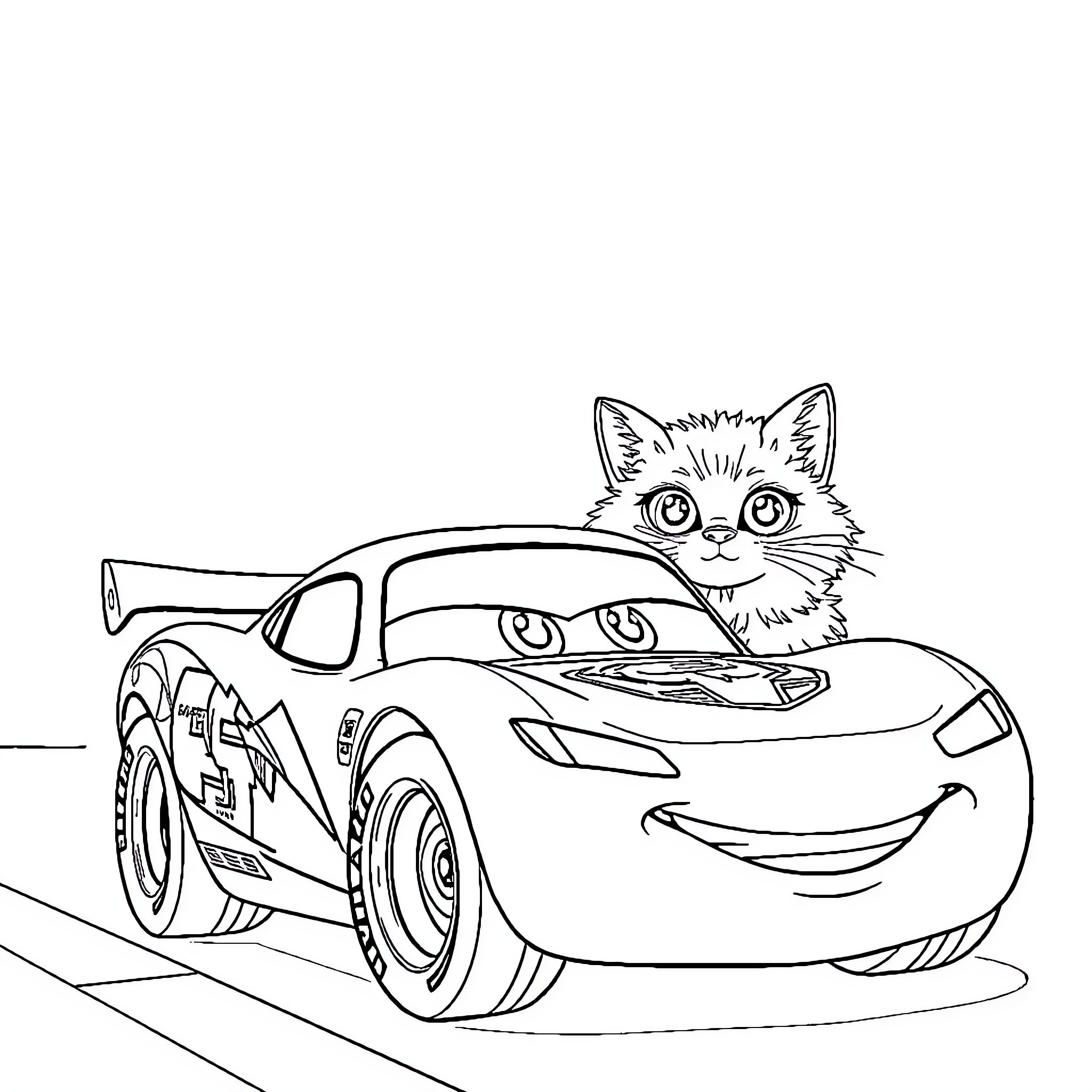 Flash McQueen and curious cat on the racetrack Coloring Page (free black-and-white line drawing printable PDF for all, from beginners to advanced learners, including children, teens, adults, and seniors)