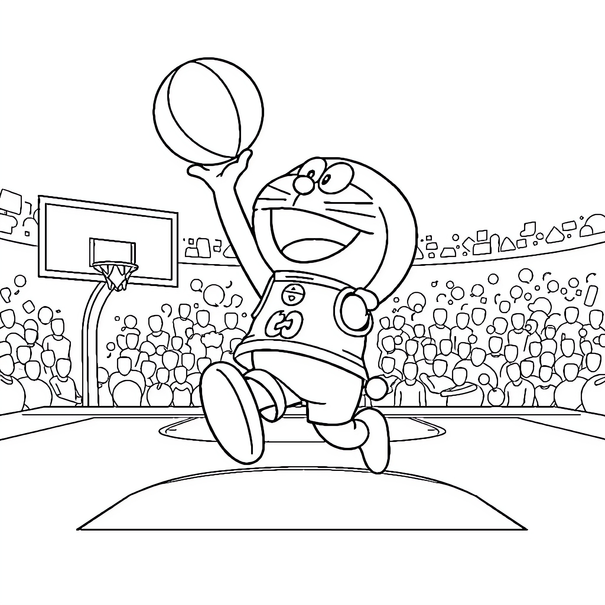 Doraemon playing basketball with crowd Coloring Page (free black-and-white line drawing printable PDF for all, from beginners to advanced learners, including children, teens, adults, and seniors)
