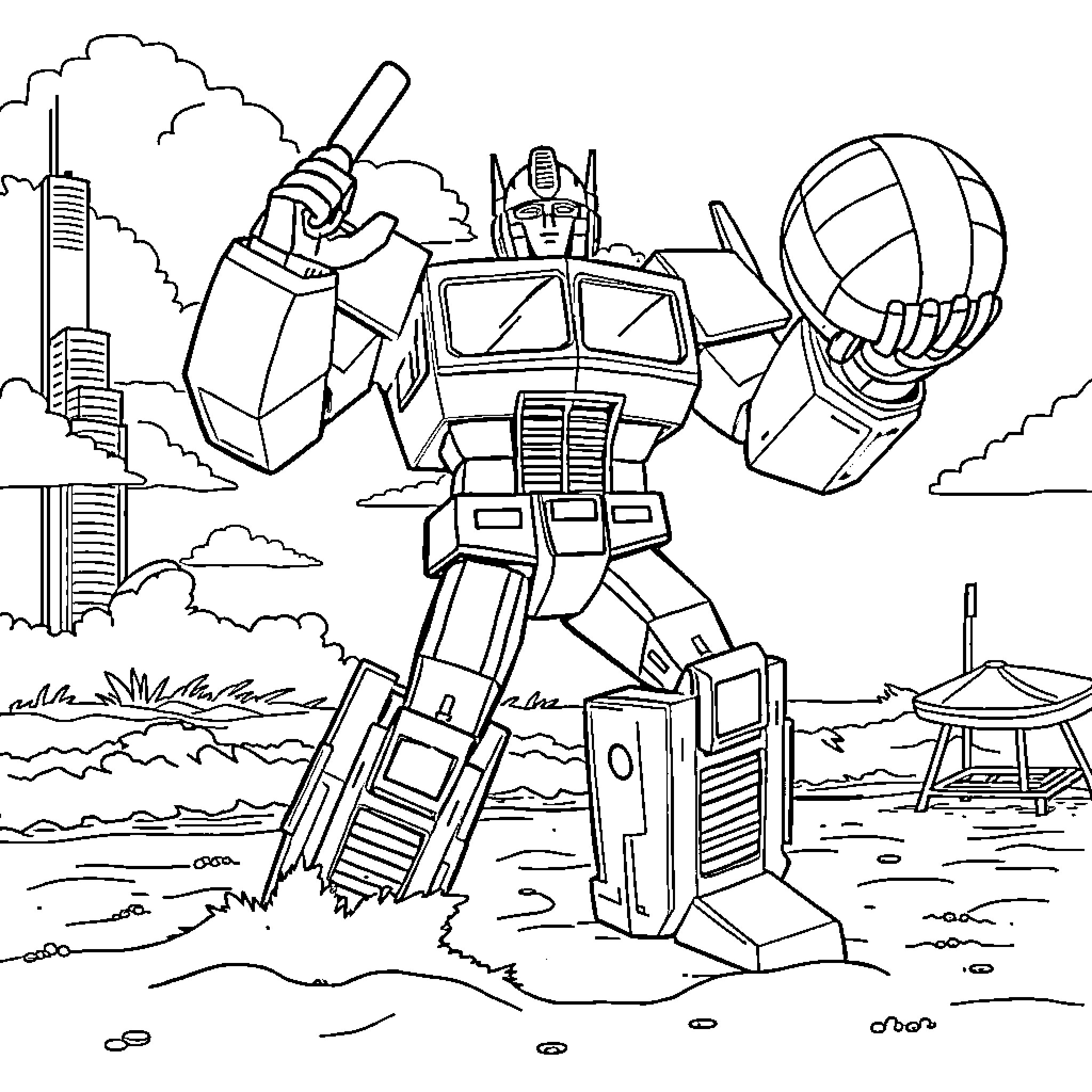 Optimus Prime battles the evil forces in the city Coloring Page (free black-and-white line drawing printable PDF for all, from beginners to advanced learners, including children, teens, adults, and seniors)