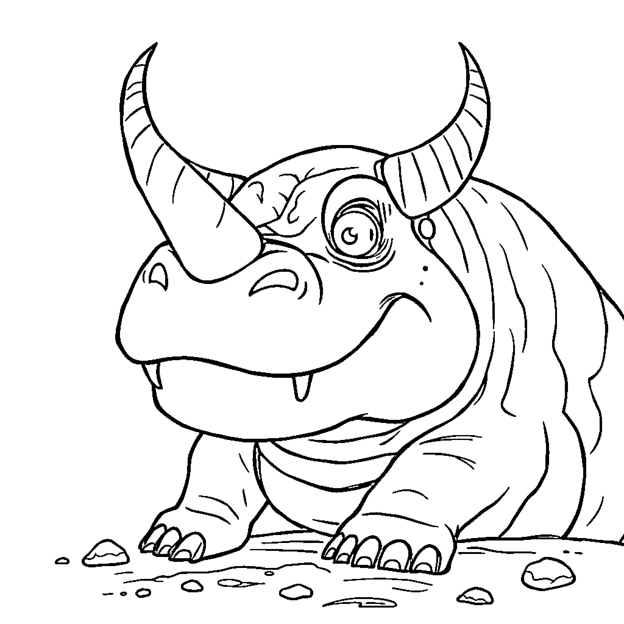 Volcano monster with horns and a curious expression Coloring Page (free black-and-white line drawing printable PDF for all, from beginners to advanced learners, including children, teens, adults, and seniors)