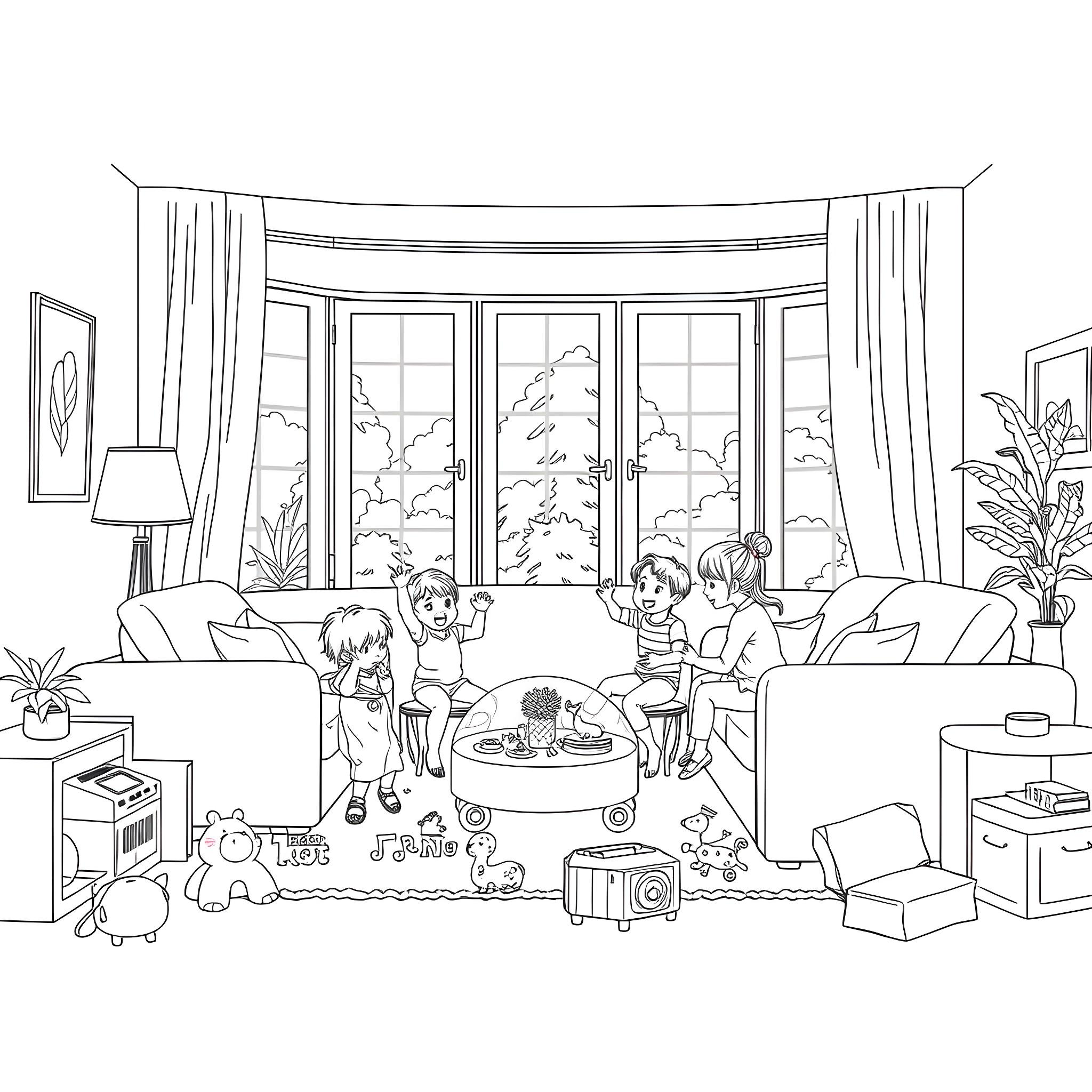 Mom and children enjoying family time at home Coloring Page (free black-and-white line drawing printable PDF for all, from beginners to advanced learners, including children, teens, adults, and seniors)