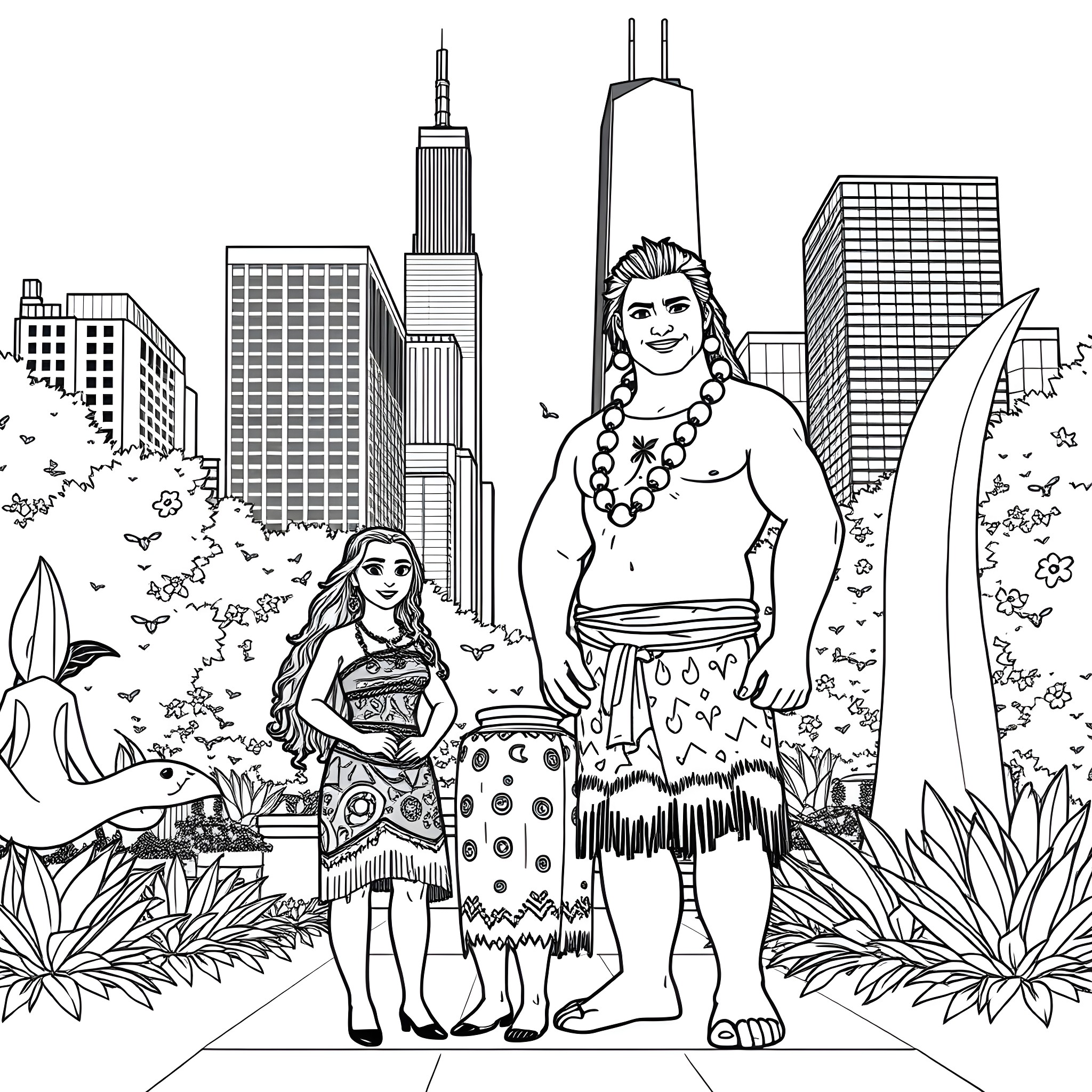 Moana and Maui in front of city skyline Coloring Page (free black-and-white line drawing printable PDF for all, from beginners to advanced learners, including children, teens, adults, and seniors)
