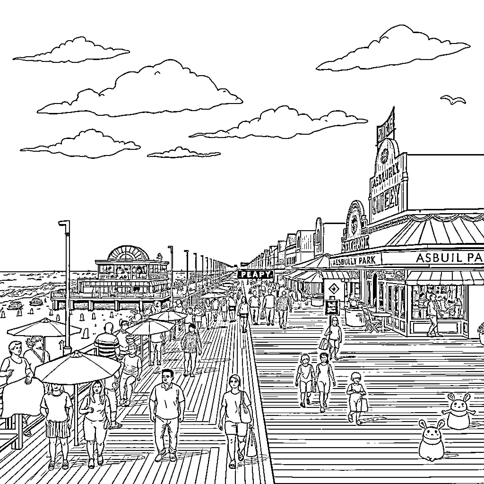 Boardwalk filled with bustling crowds and attractions Coloring Page (free black-and-white line drawing printable PDF for all, from beginners to advanced learners, including children, teens, adults, and seniors)