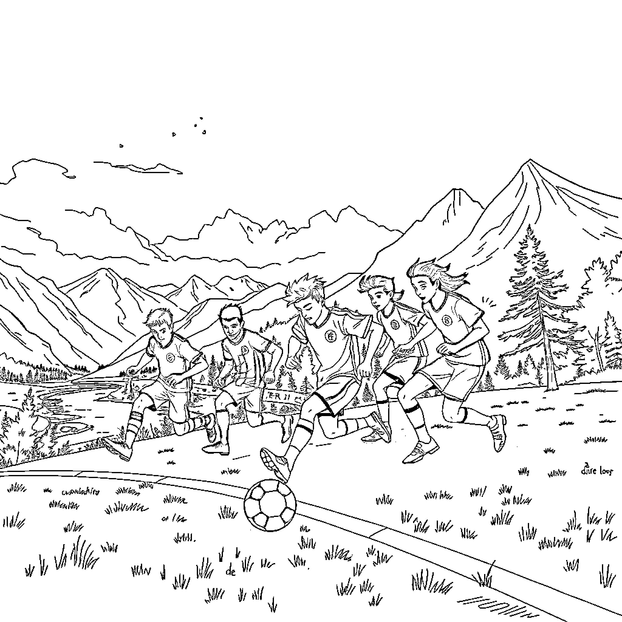 Personnages des Cités d'Or playing football in the mountains Coloring Page (free black-and-white line drawing printable PDF for all, from beginners to advanced learners, including children, teens, adults, and seniors)