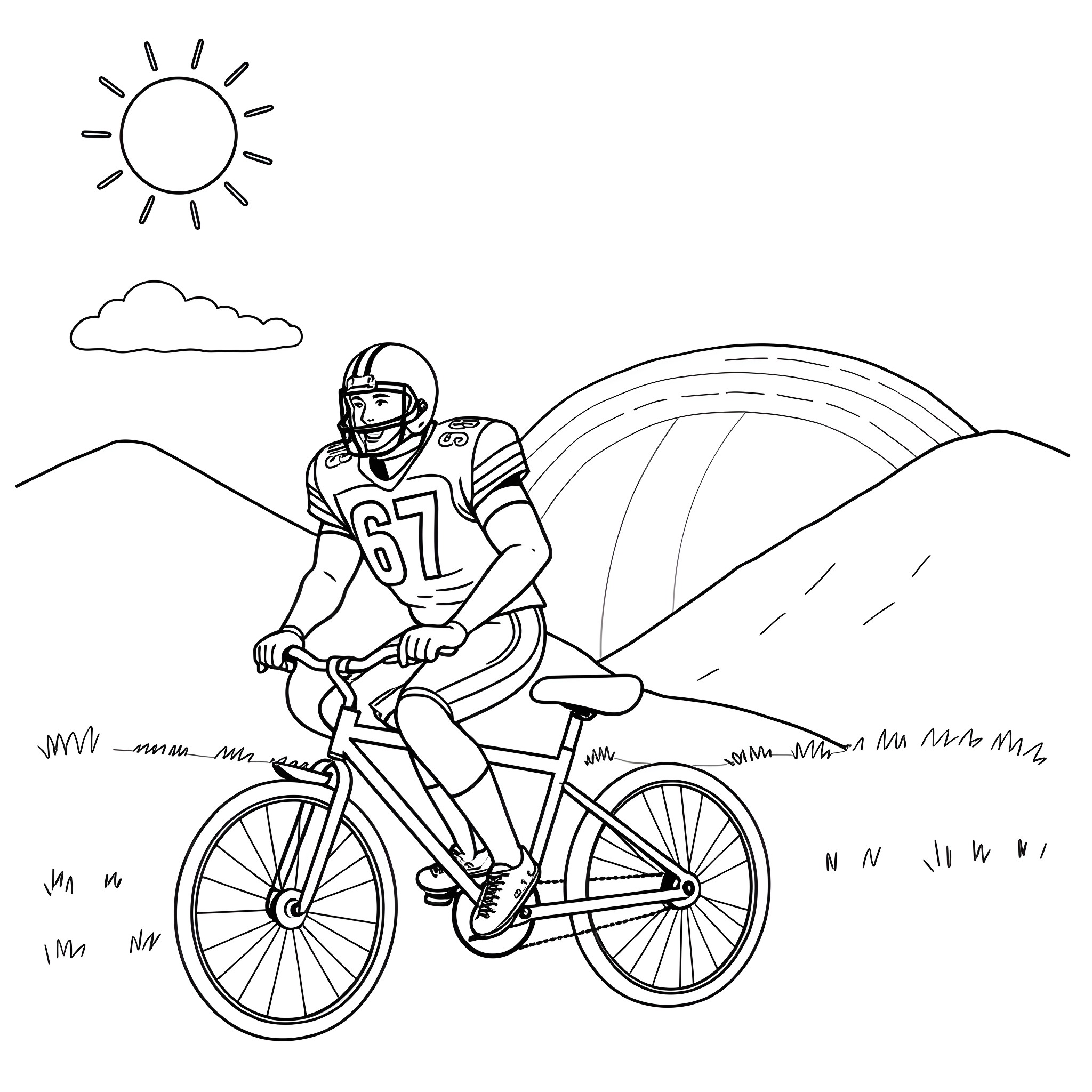 Football Player Bicycling Through the Countryside Coloring Page (free black-and-white line drawing printable PDF for all, from beginners to advanced learners, including children, teens, adults, and seniors)