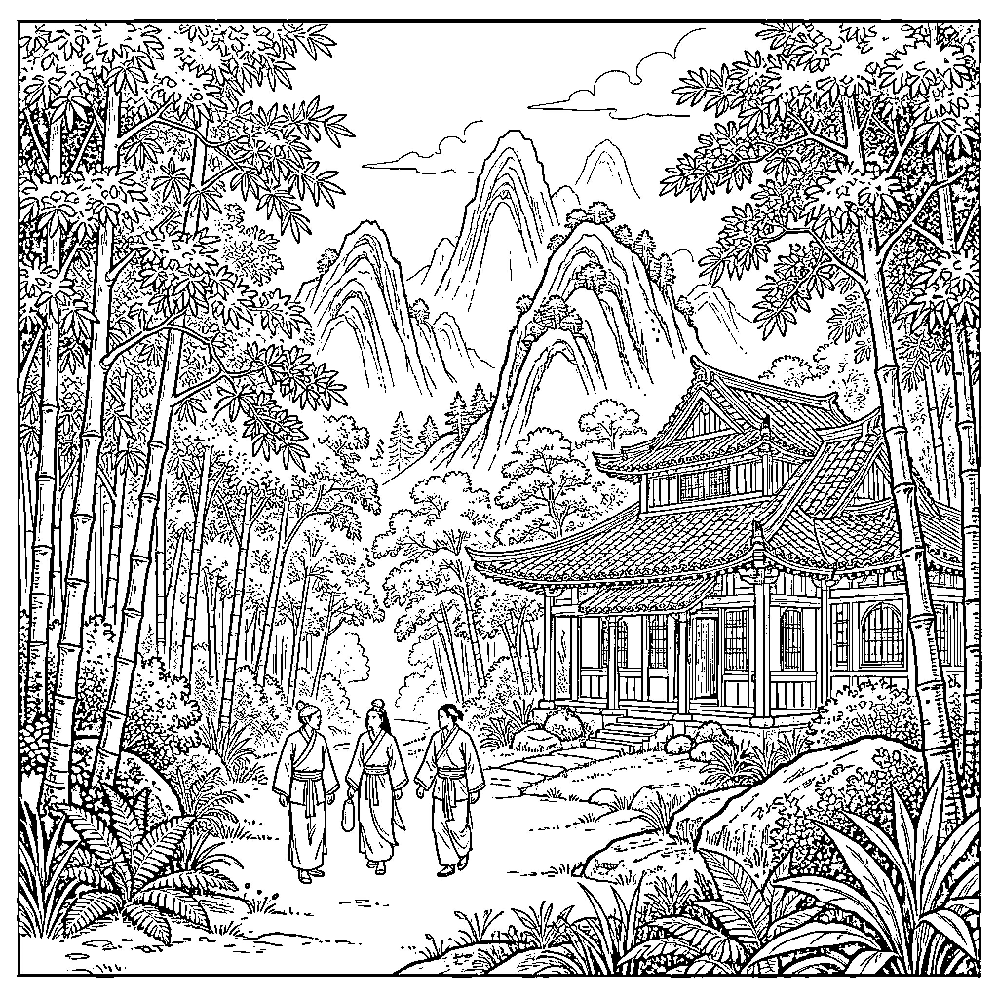 Landscape of people walking near a traditional pavilion Coloring Page (free black-and-white line drawing printable PDF for all, from beginners to advanced learners, including children, teens, adults, and seniors)