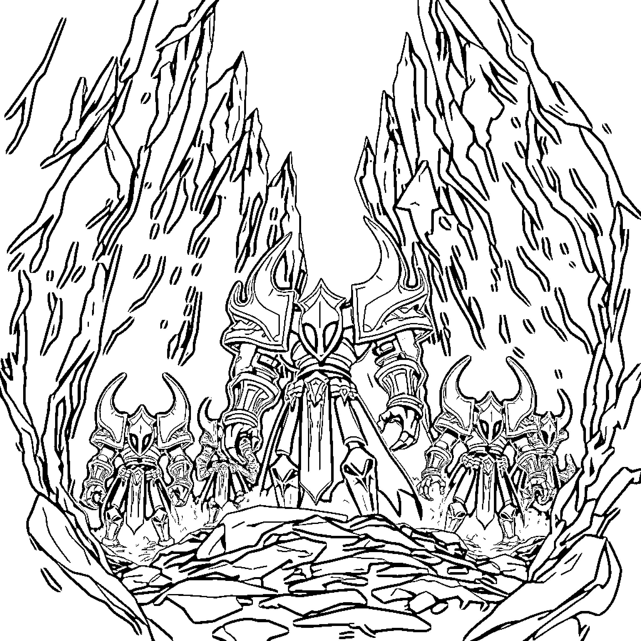 Hollow Knight - Dramatic Encounter in Fiery Depths Coloring Page (free black-and-white line drawing printable PDF for all, from beginners to advanced learners, including children, teens, adults, and seniors)