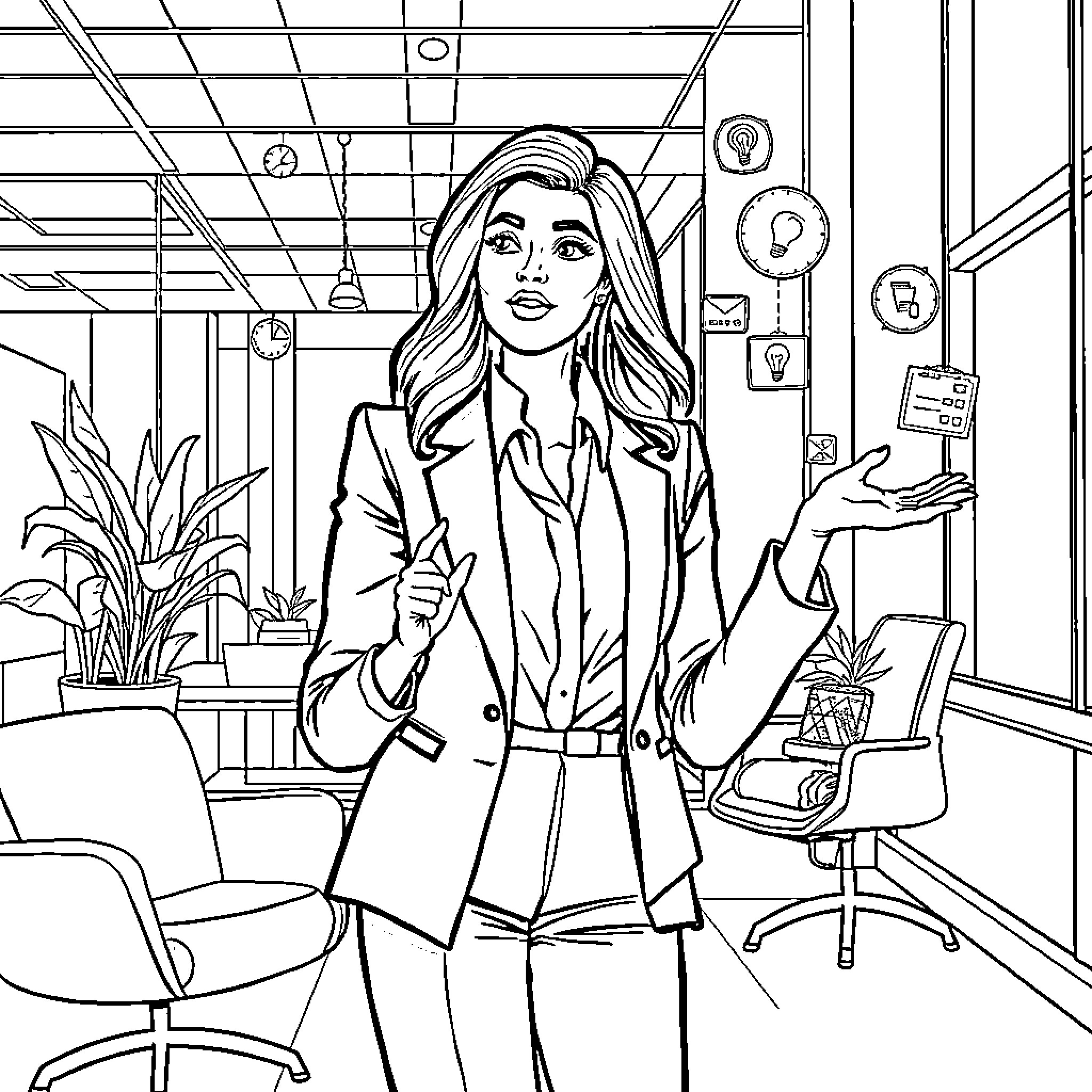 Woman in professional attire in office setting Coloring Page (free black-and-white line drawing printable PDF for all, from beginners to advanced learners, including children, teens, adults, and seniors)