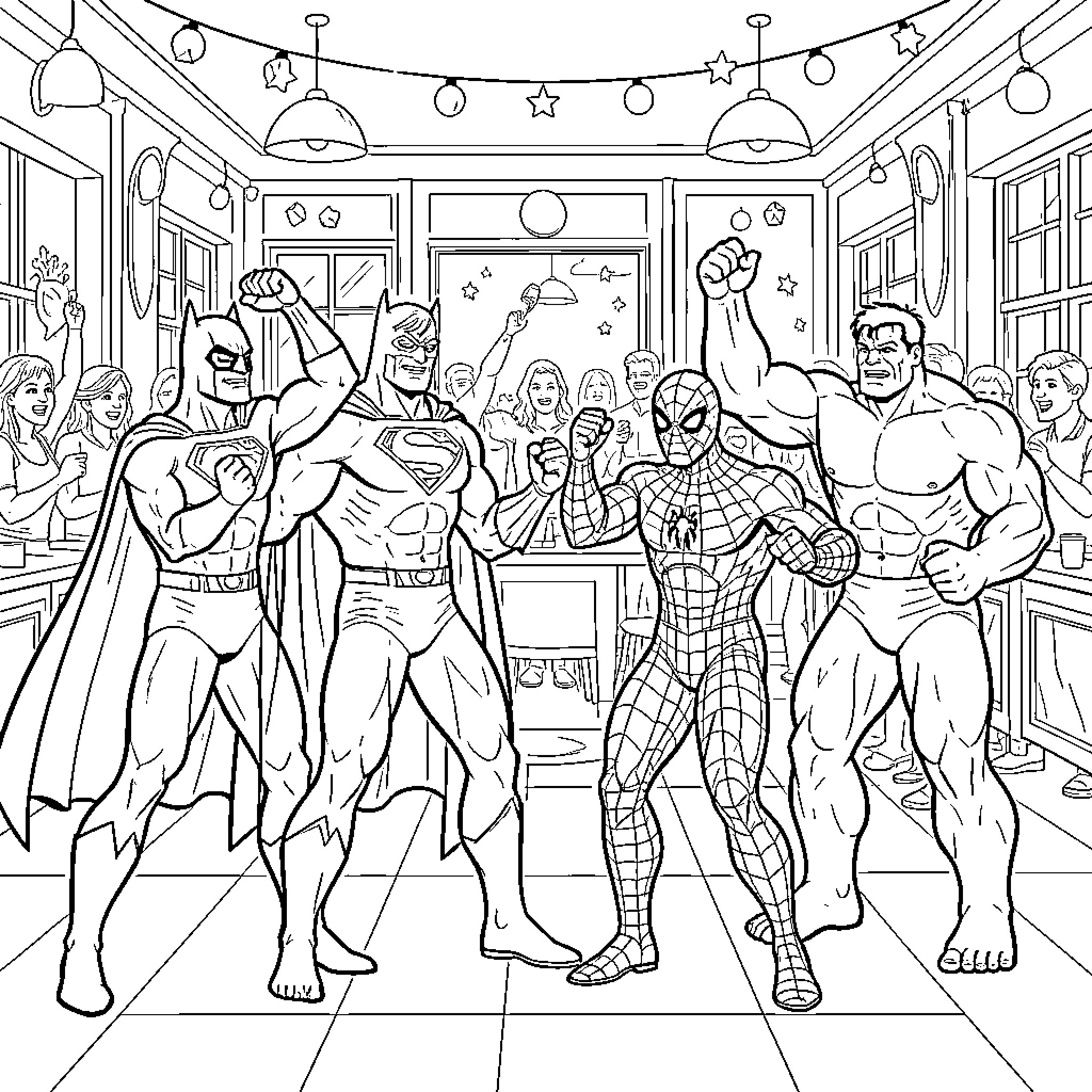 Superhero team posing heroically in a crowded room Coloring Page (free black-and-white line drawing printable PDF for all, from beginners to advanced learners, including children, teens, adults, and seniors)