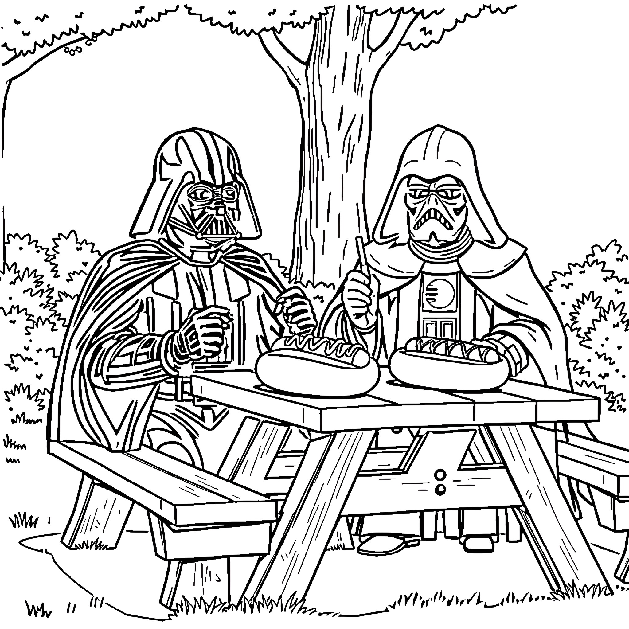 Darth Vader and companion enjoying a picnic in the forest Coloring Page (free black-and-white line drawing printable PDF for all, from beginners to advanced learners, including children, teens, adults, and seniors)