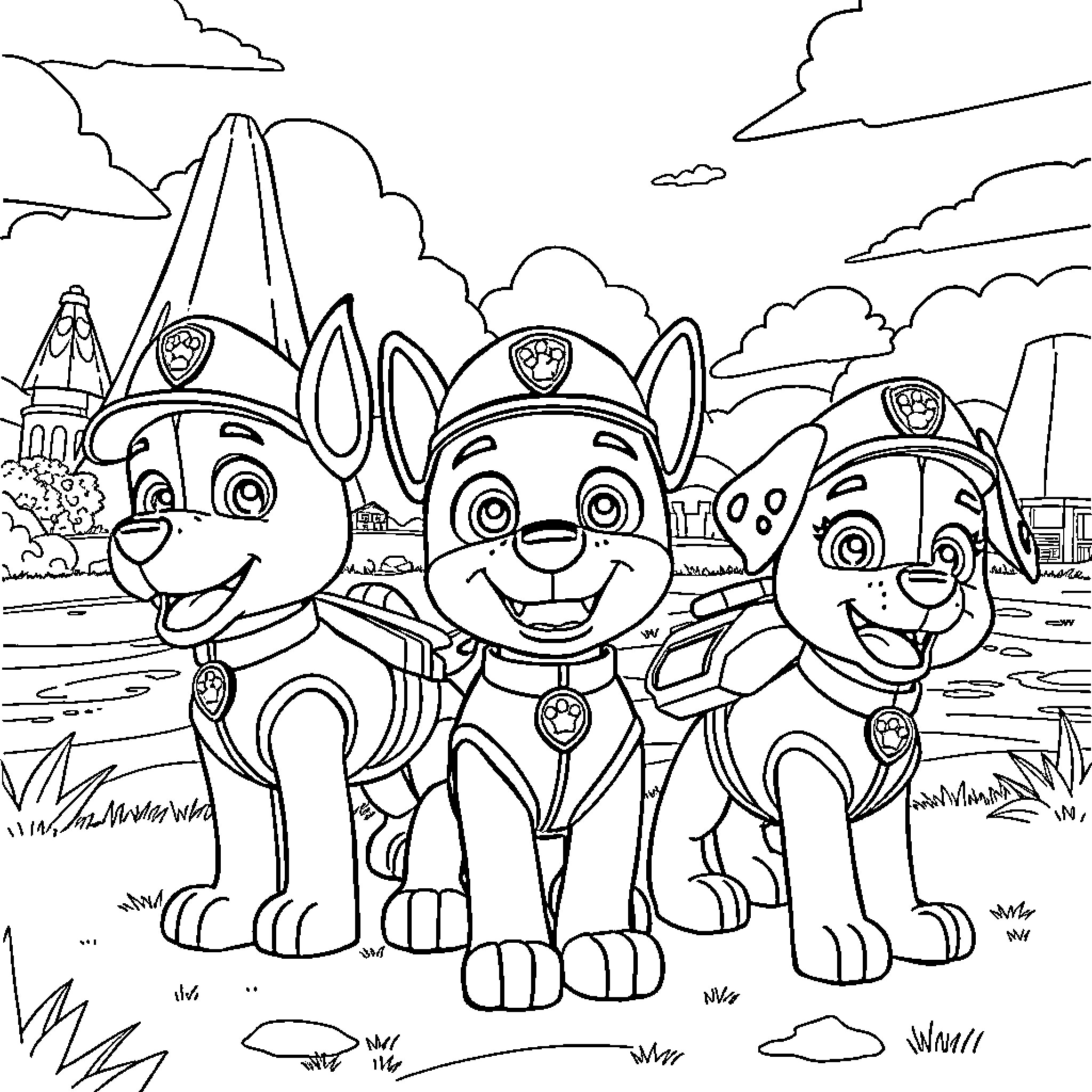 Paw Patrol pups on patrol in the town Coloring Page (free black-and-white line drawing printable PDF for all, from beginners to advanced learners, including children, teens, adults, and seniors)