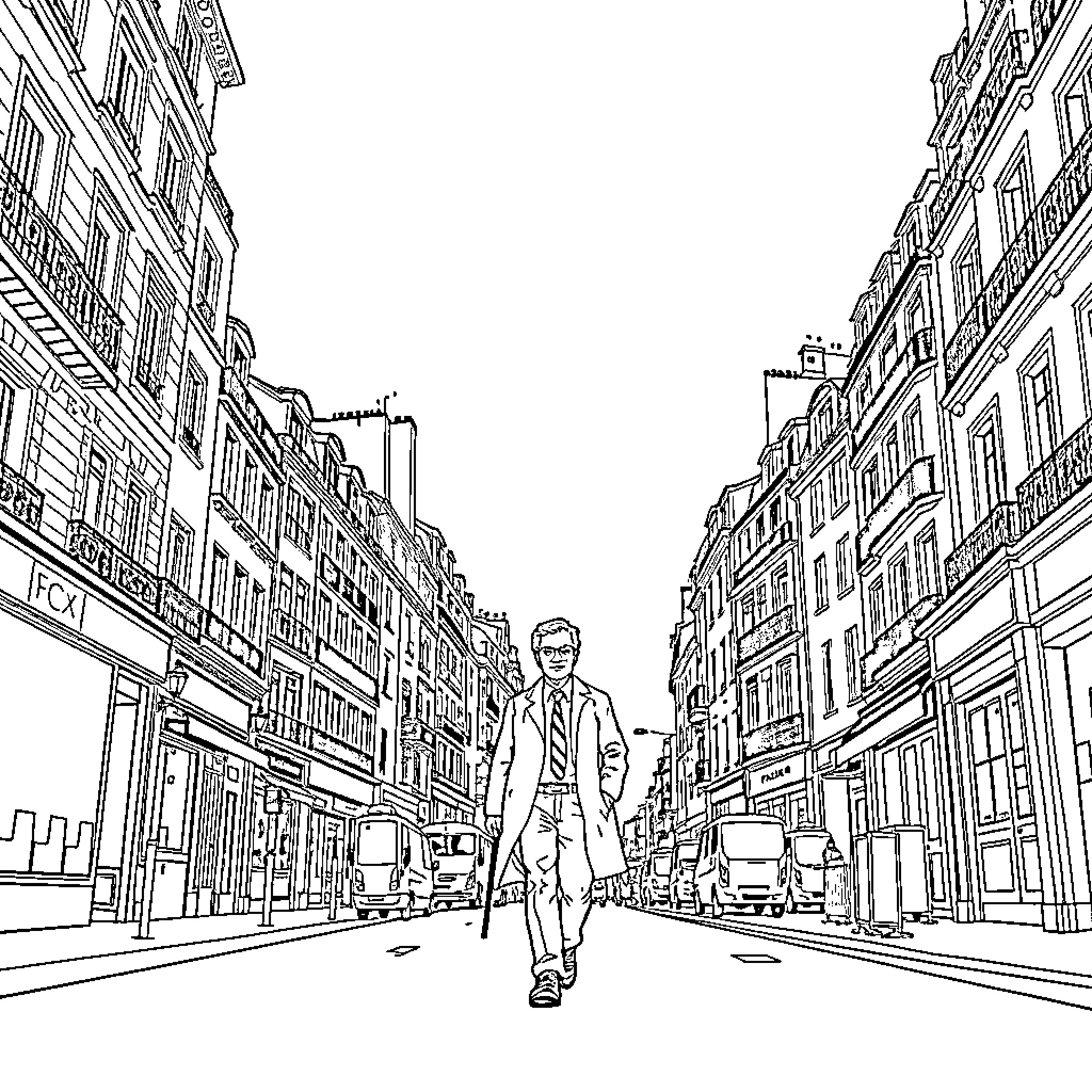 Député walking along a Parisian street Coloring Page (free black-and-white line drawing printable PDF for all, from beginners to advanced learners, including children, teens, adults, and seniors)