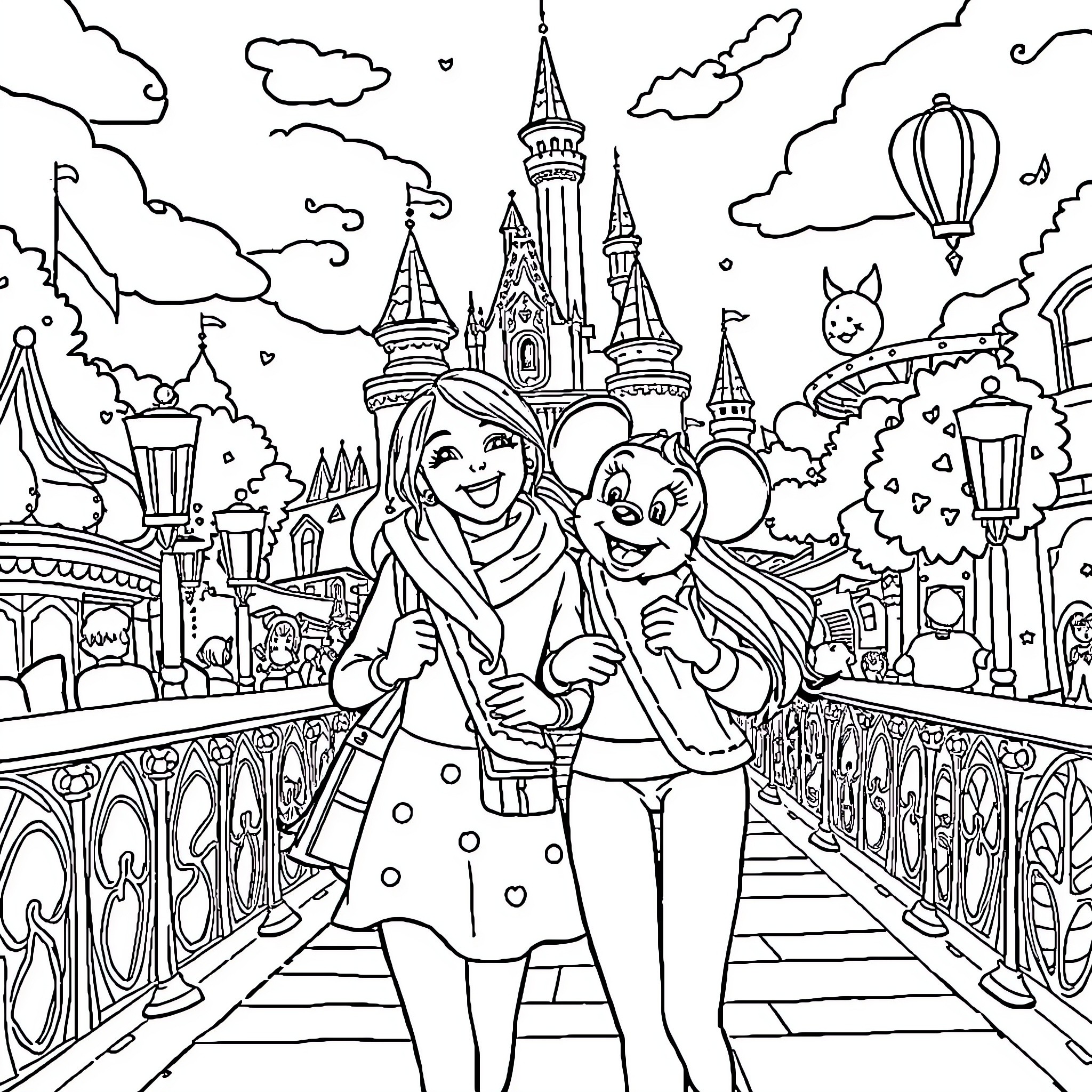 Léna's Magical Day at the Enchanting Castle Coloring Page (free black-and-white line drawing printable PDF for all, from beginners to advanced learners, including children, teens, adults, and seniors)