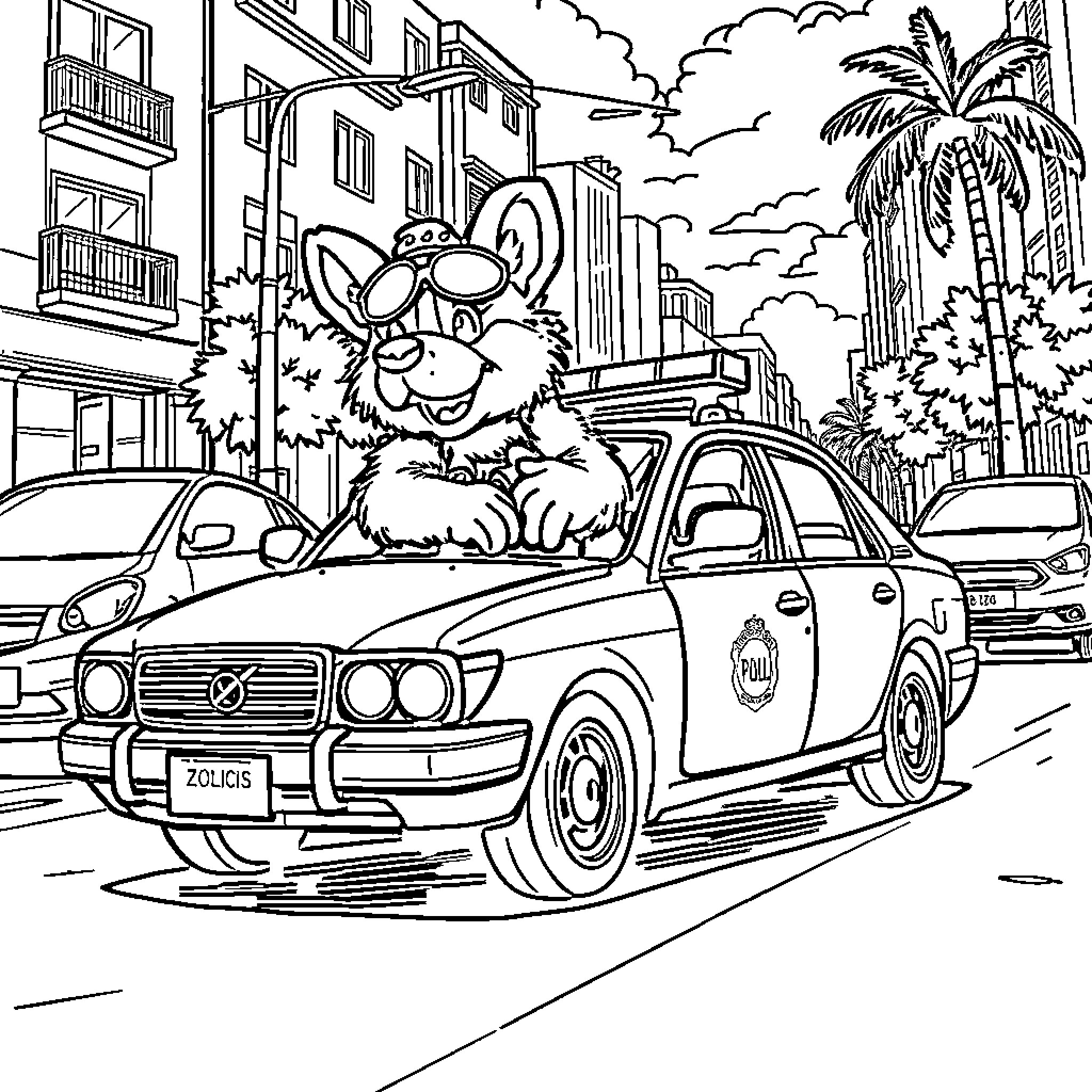 Guincho's Zootopia Adventure Coloring Page (free black-and-white line drawing printable PDF for all, from beginners to advanced learners, including children, teens, adults, and seniors)