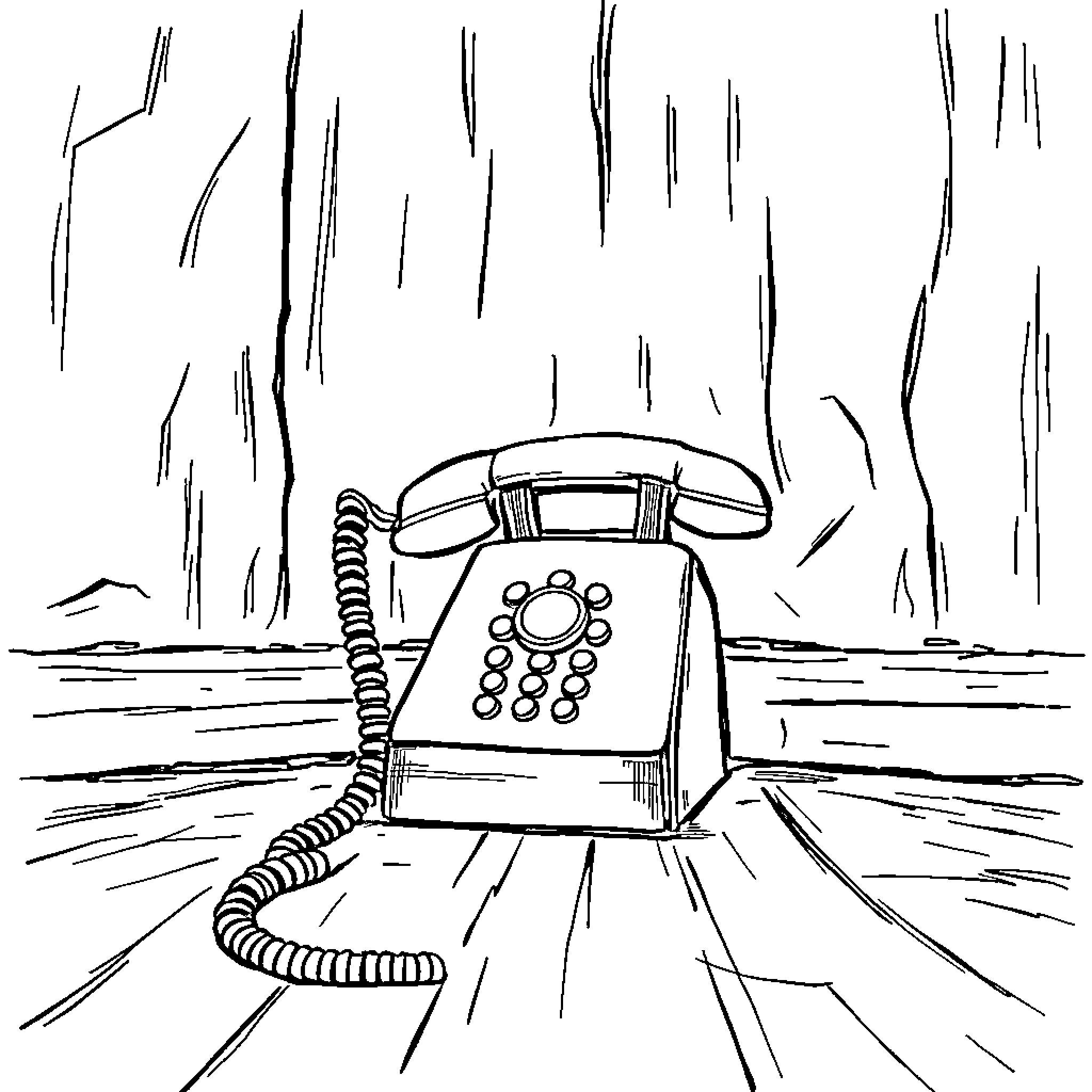 Phone ringing in empty landscape Coloring Page (free black-and-white line drawing printable PDF for all, from beginners to advanced learners, including children, teens, adults, and seniors)