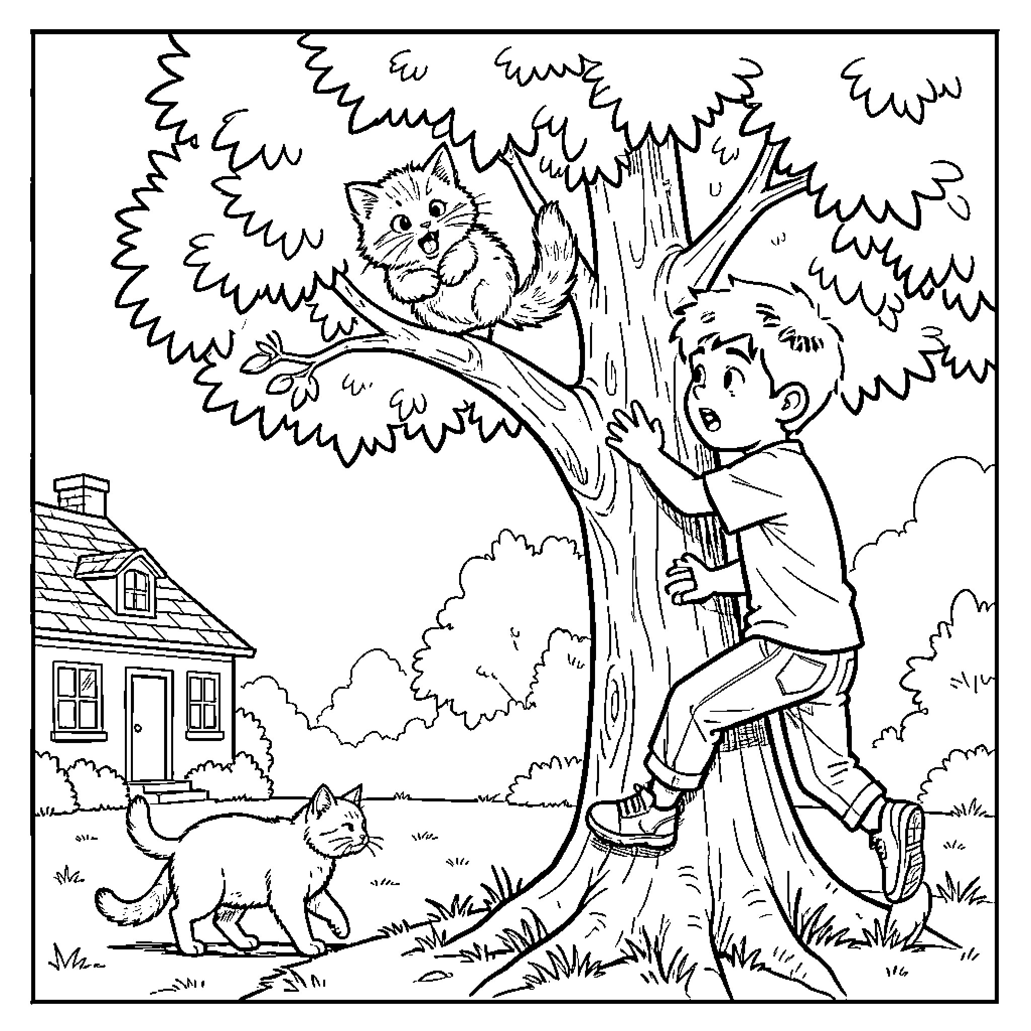 Kitten and child playing in the backyard Coloring Page (free black-and-white line drawing printable PDF for all, from beginners to advanced learners, including children, teens, adults, and seniors)
