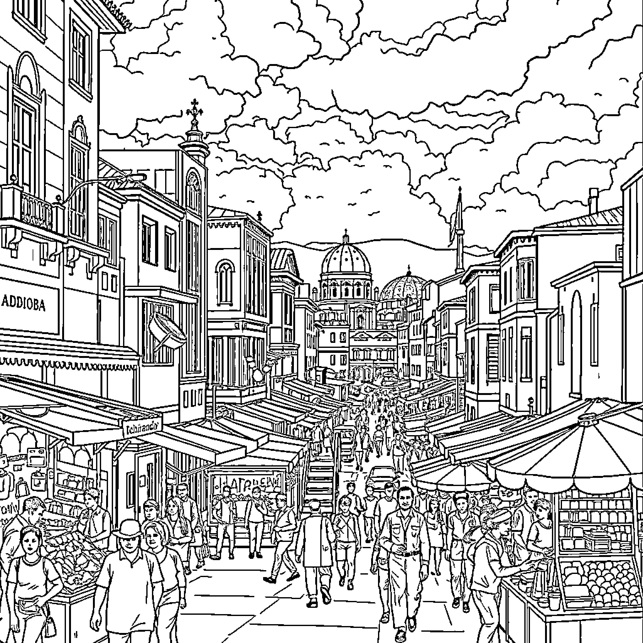 Addis Ababa Bustling Street Scene with Crowded Shops and Architecture Coloring Page (free black-and-white line drawing printable PDF for all, from beginners to advanced learners, including children, teens, adults, and seniors)