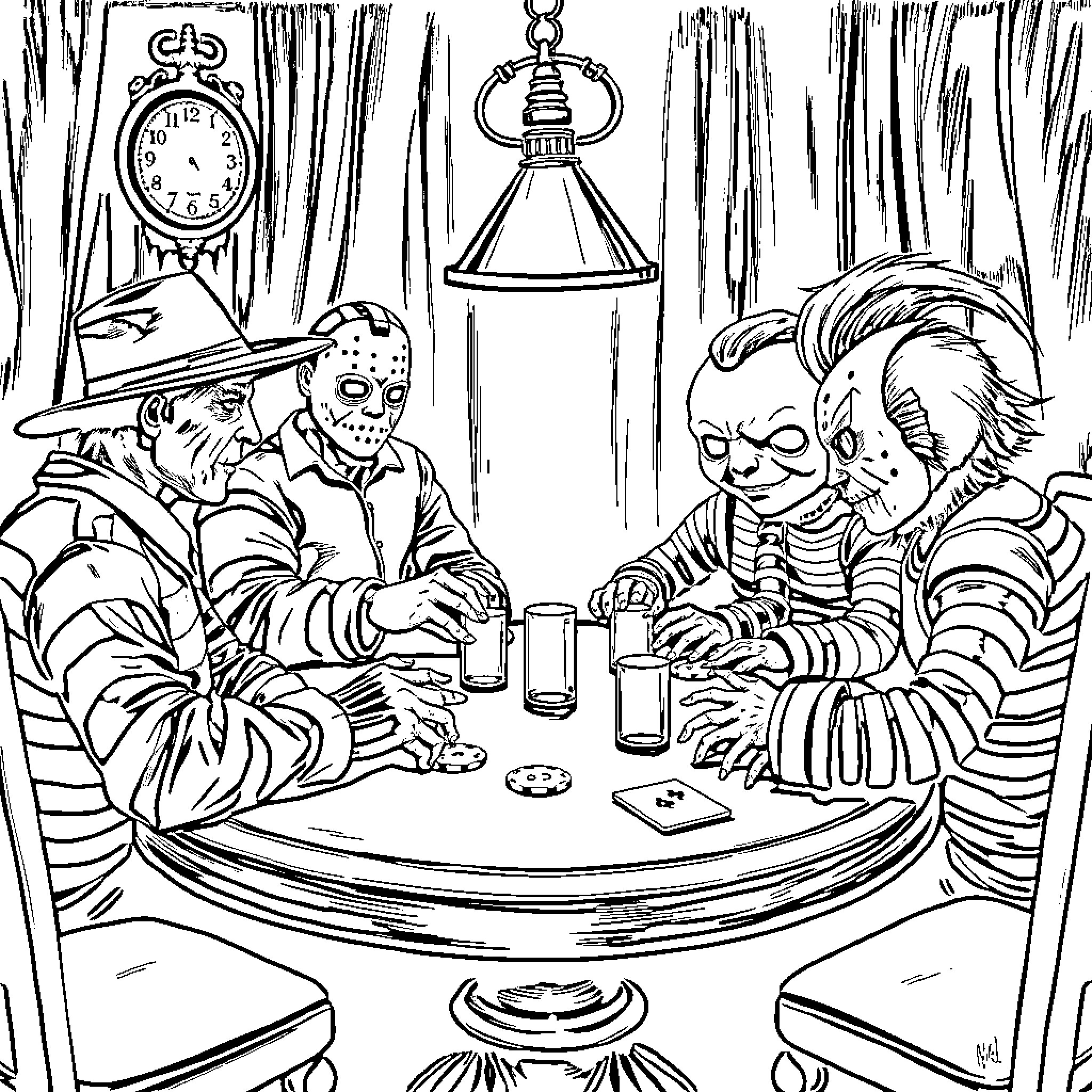 Horror Characters Playing Cards at Haunted Diner Coloring Page (free black-and-white line drawing printable PDF for all, from beginners to advanced learners, including children, teens, adults, and seniors)