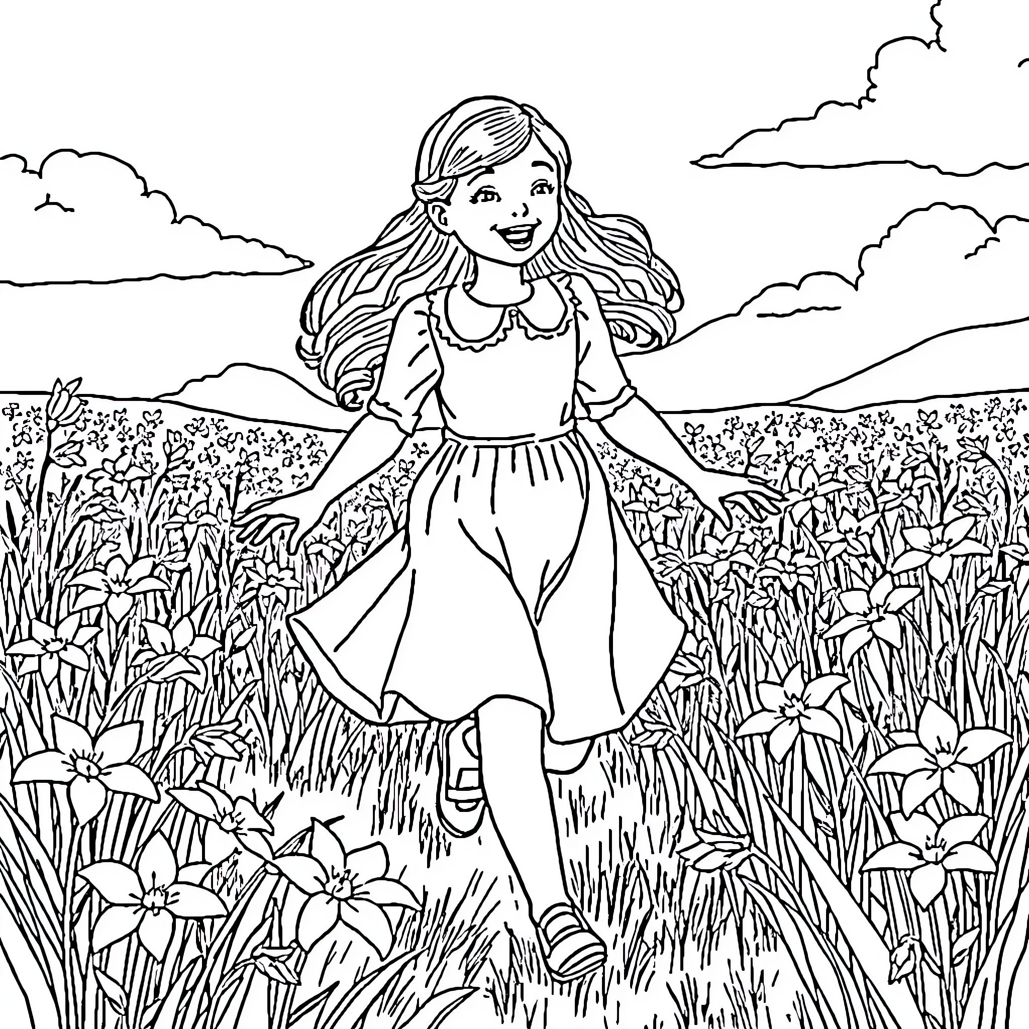 Anne strolling joyfully through a flower-filled meadow Coloring Page (free black-and-white line drawing printable PDF for all, from beginners to advanced learners, including children, teens, adults, and seniors)
