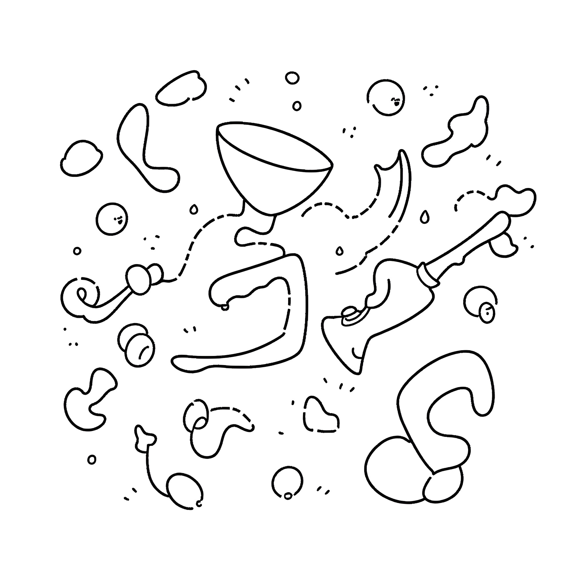 Soundbellows of lively doodles and shapes Coloring Page (free black-and-white line drawing printable PDF for all, from beginners to advanced learners, including children, teens, adults, and seniors)