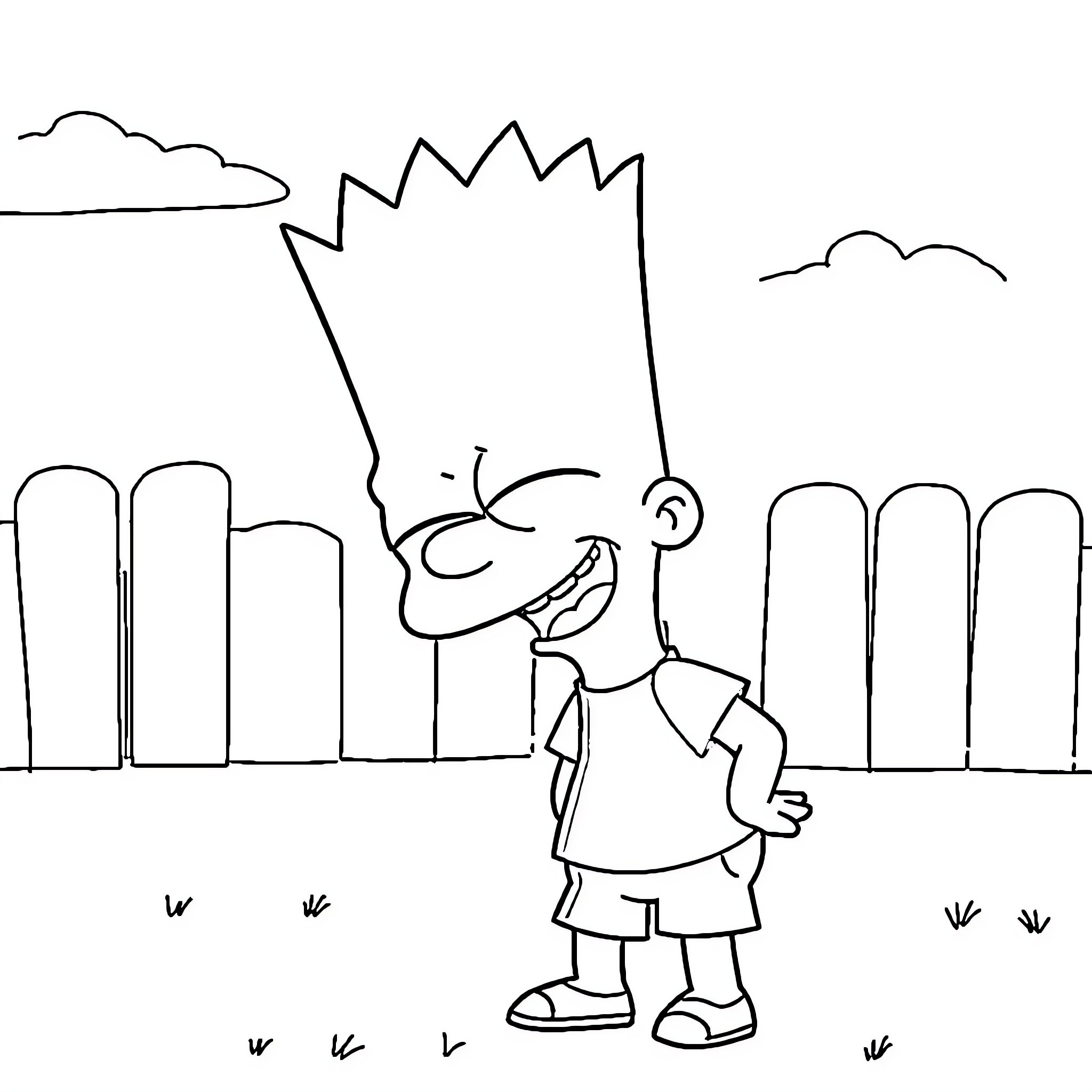 Bart Simpson Enjoys Outdoor Scene Coloring Page (free black-and-white line drawing printable PDF for all, from beginners to advanced learners, including children, teens, adults, and seniors)