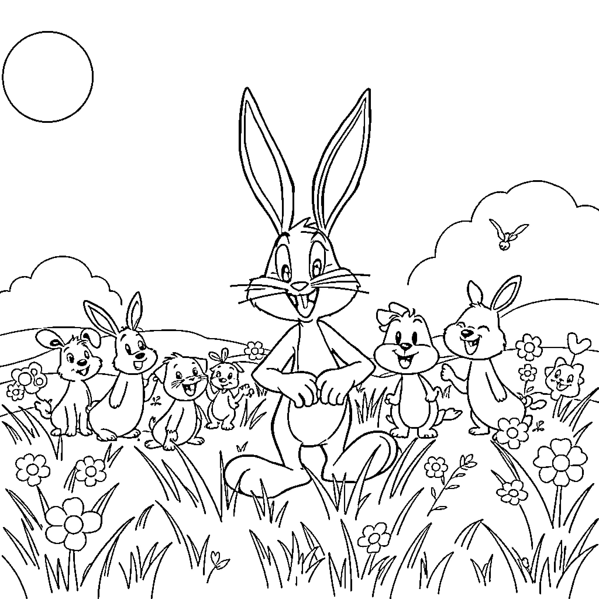 Bugs Bunny and friends frolicking in a meadow Coloring Page (free black-and-white line drawing printable PDF for all, from beginners to advanced learners, including children, teens, adults, and seniors)