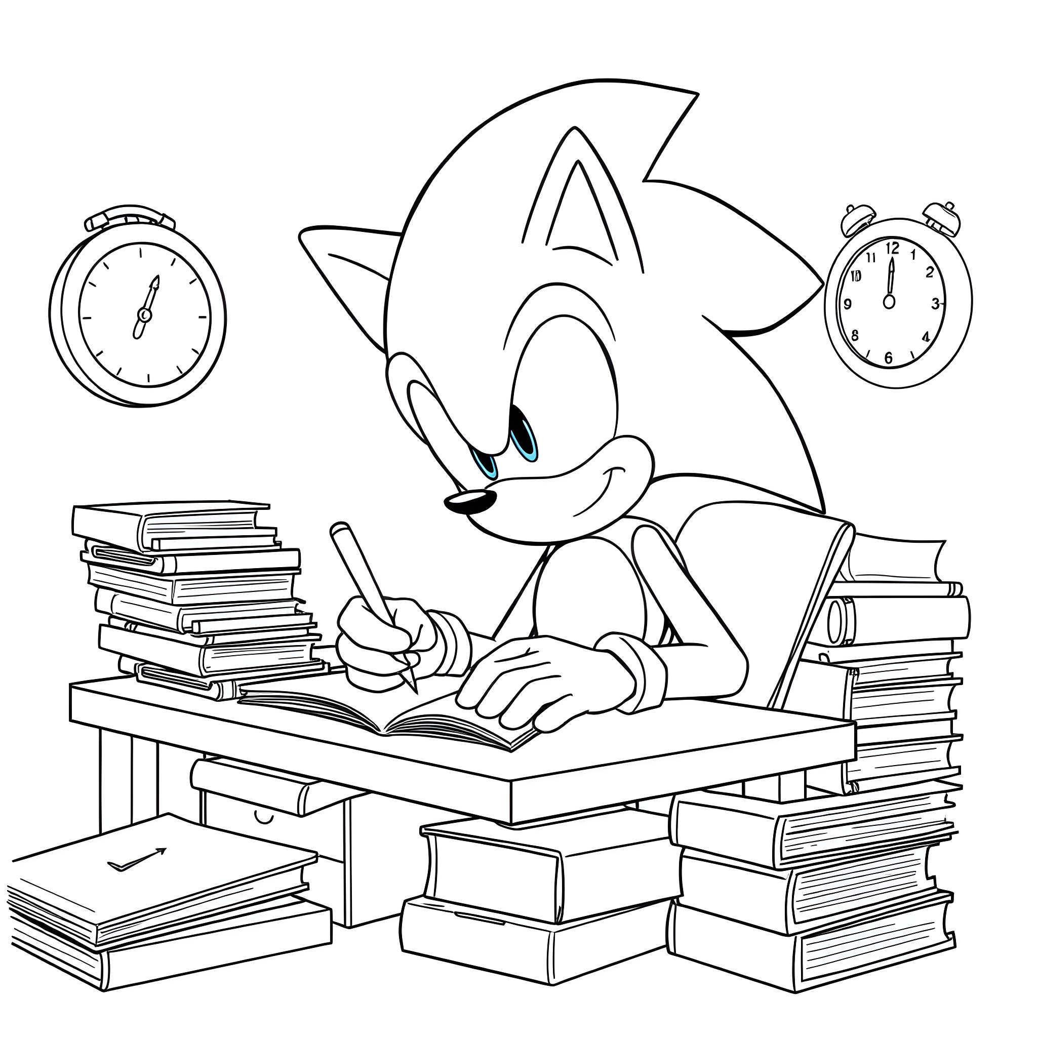 Sonic the Hedgehog studying diligently at his desk Coloring Page (free black-and-white line drawing printable PDF for all, from beginners to advanced learners, including children, teens, adults, and seniors)