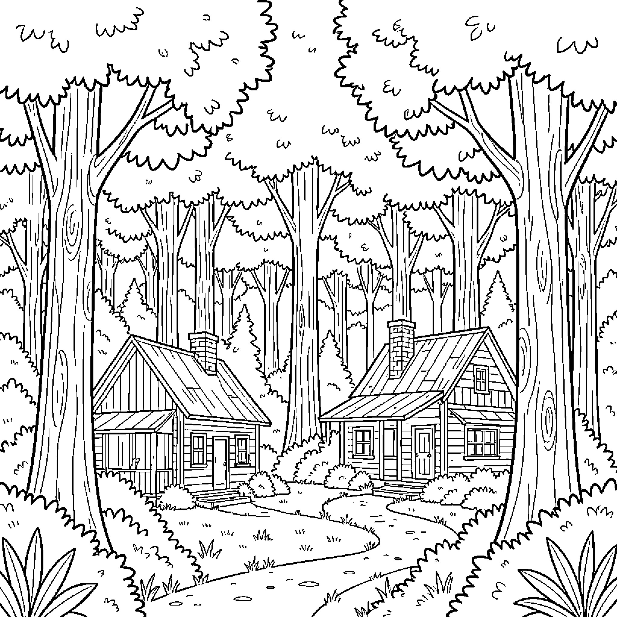 Forest Cabins in the Wilderness Coloring Page (free black-and-white line drawing printable PDF for all, from beginners to advanced learners, including children, teens, adults, and seniors)