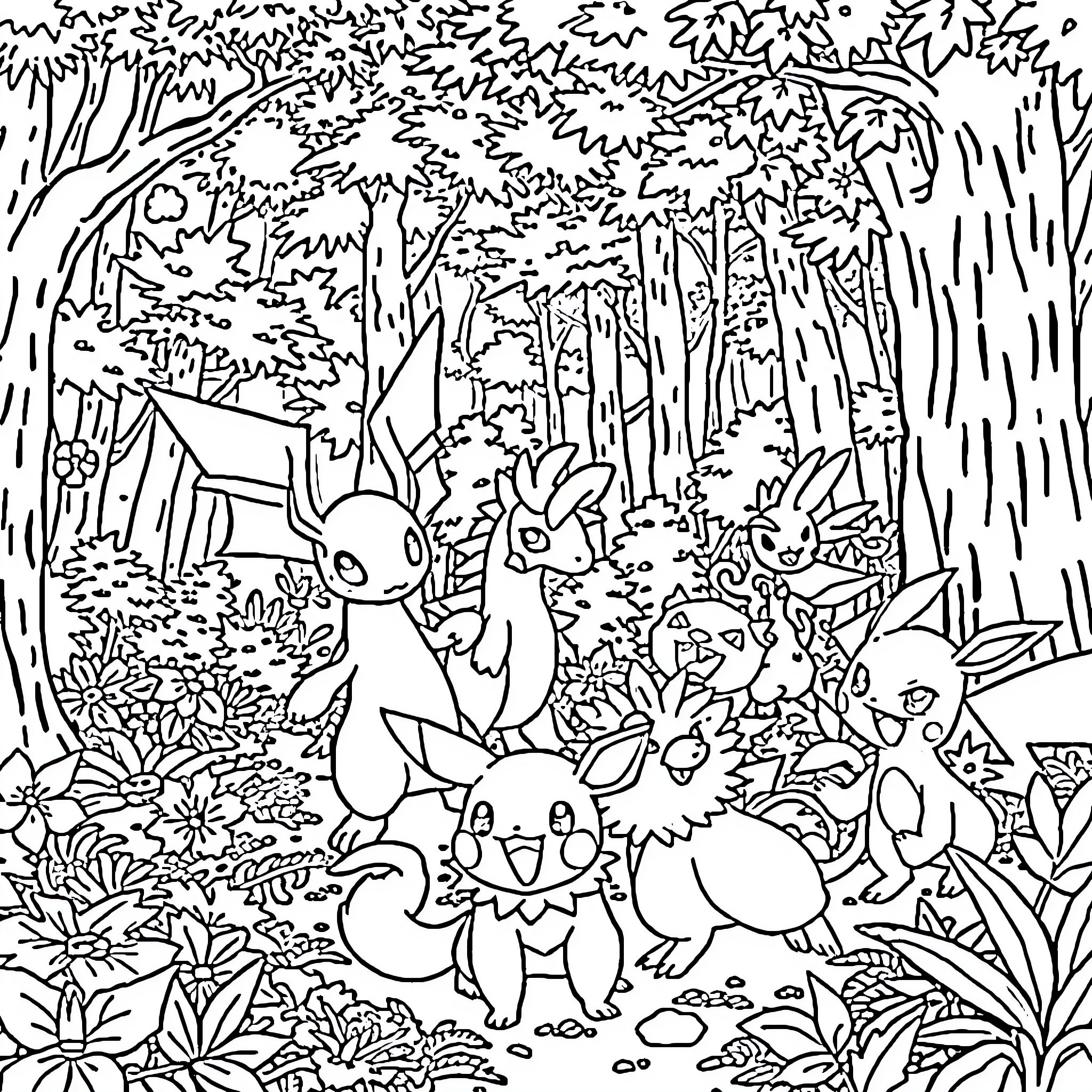 Pokémon gathering in the vibrant forest Coloring Page (free black-and-white line drawing printable PDF for all, from beginners to advanced learners, including children, teens, adults, and seniors)