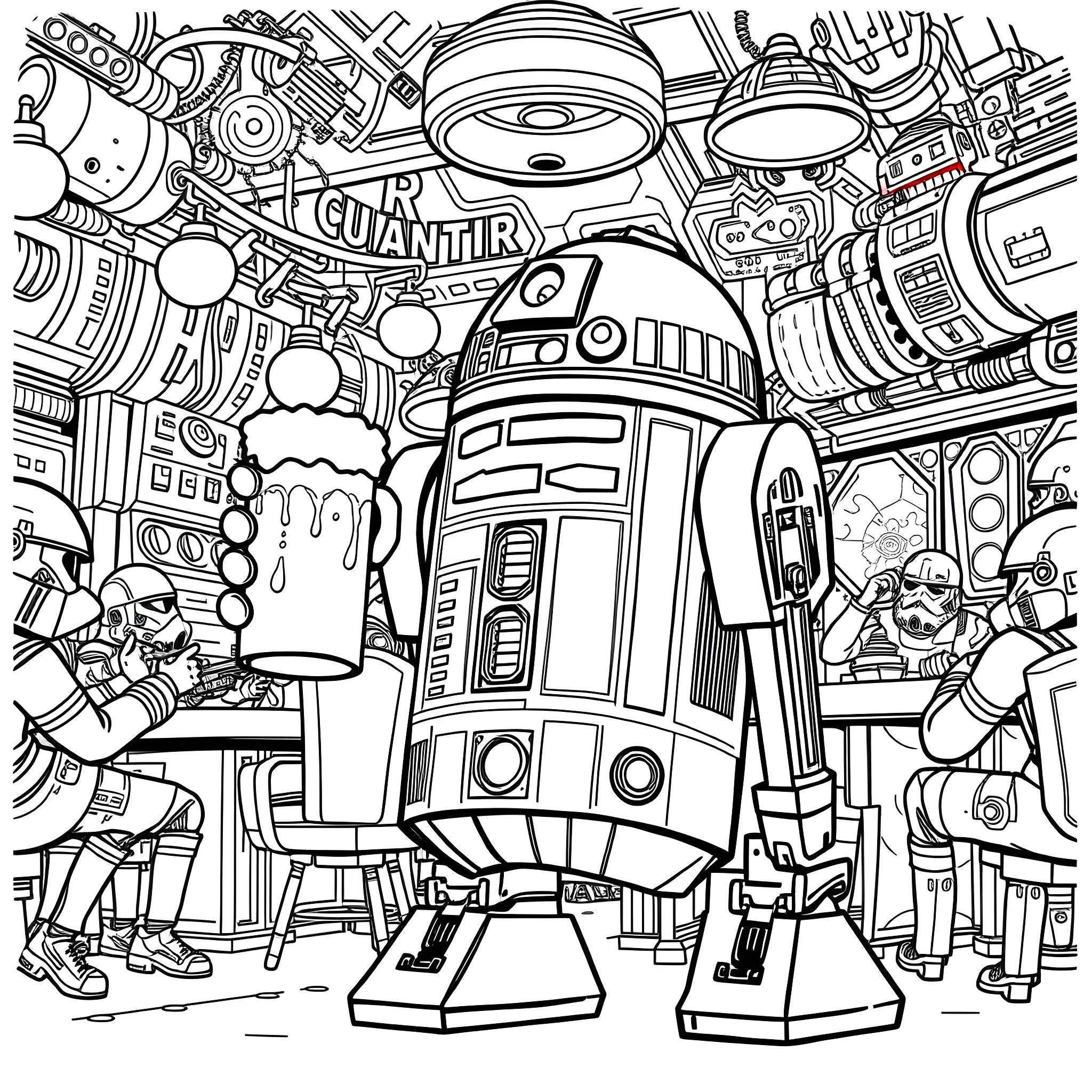 R2-D2 in a fantastical mechanical world Coloring Page (free black-and-white line drawing printable PDF for all, from beginners to advanced learners, including children, teens, adults, and seniors)