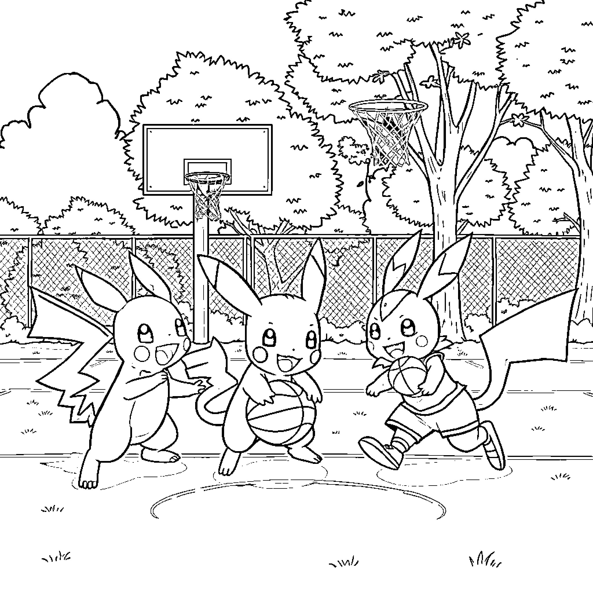 Pokémon characters playing basketball outdoors Coloring Page (free black-and-white line drawing printable PDF for all, from beginners to advanced learners, including children, teens, adults, and seniors)