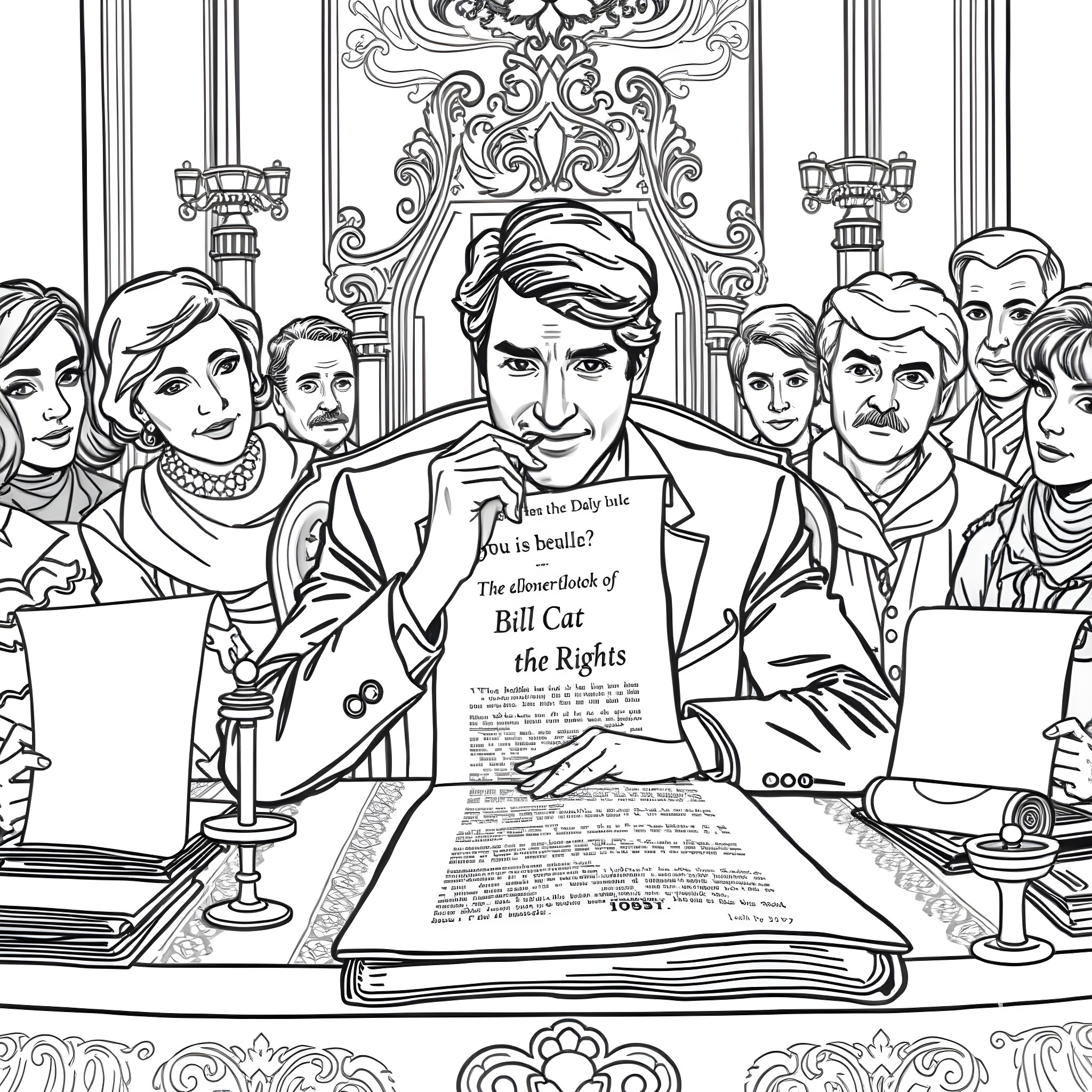 Justin Trudeau Presenting a Bill in Parliament Coloring Page (free black-and-white line drawing printable PDF for all, from beginners to advanced learners, including children, teens, adults, and seniors)